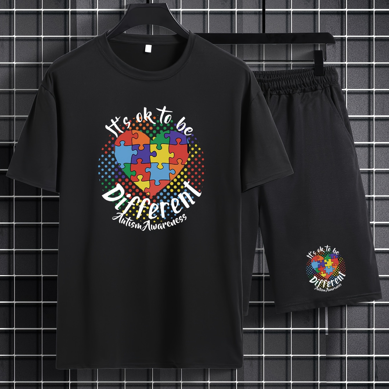 

Plus Size Men's Anime Heart Pattern Print T-shirt & Shorts Set For Summer, Outdoor Sports 2pcs Set