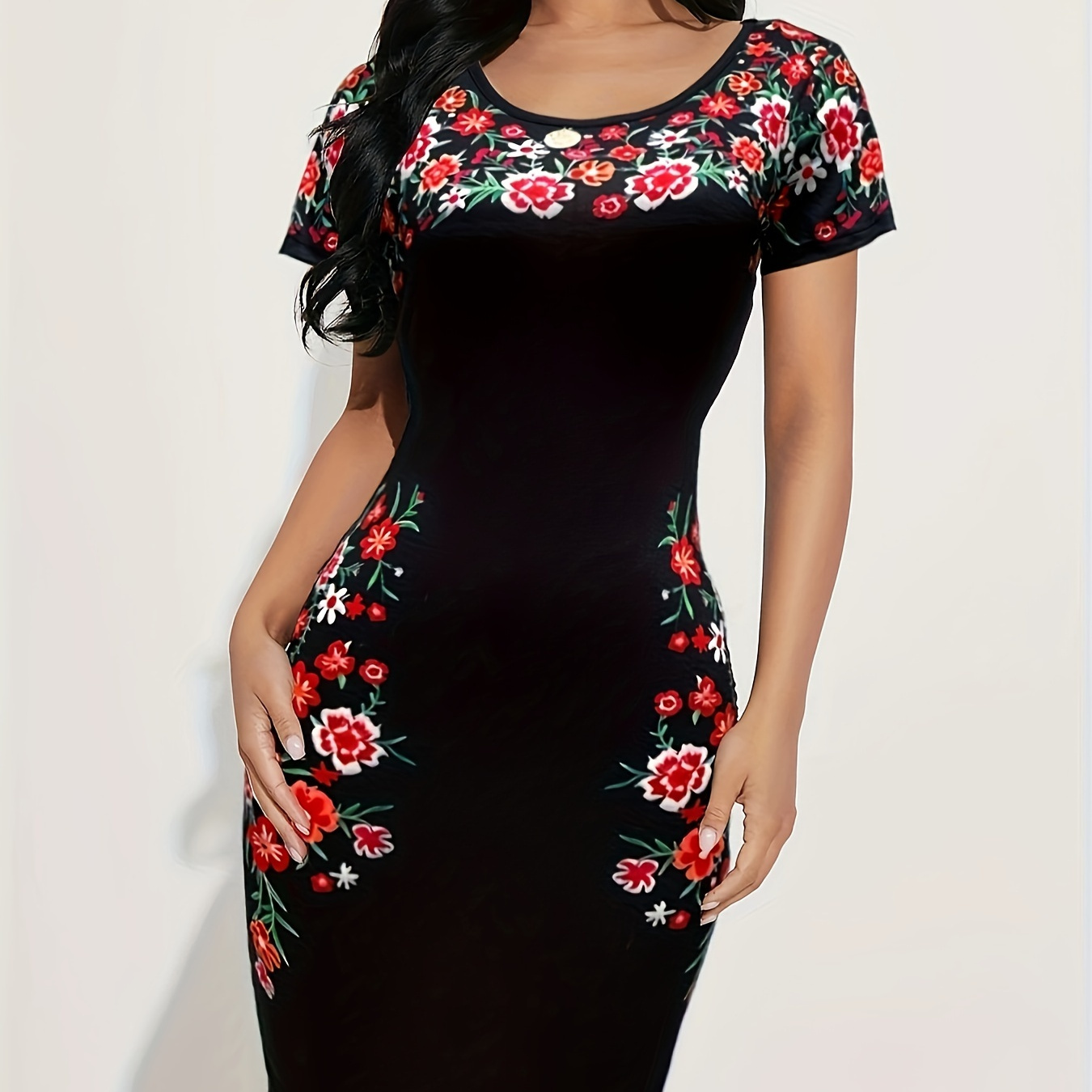 

Women's Elegant Floral Print Midi Dress, Round Neck, Polyester, Knee-length, Knit Fabric, Spring/summer/autumn, Adult Fit