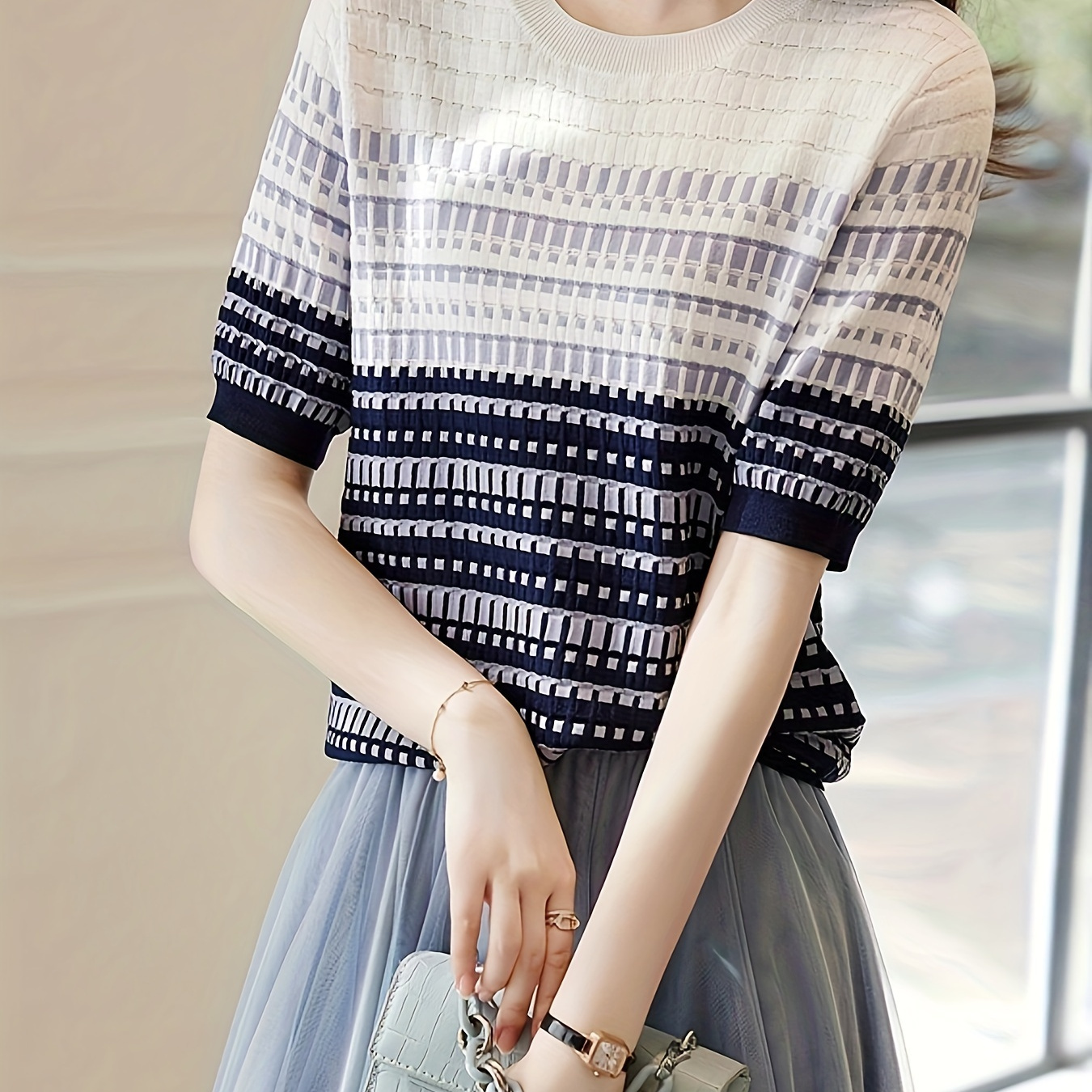 

Striped Print Crew Neck Top, Versatile Half Sleeve Knitted Top For Spring & Fall, Women's Clothing