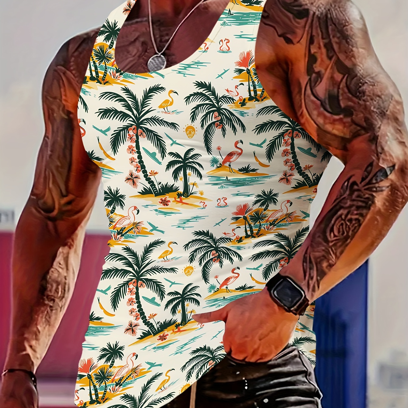 

Men's Hawaiian Print Tank Top, Casual Style, Slim-fit And Sleeveless Beachwear, Tropical Palm & Flamingo Design