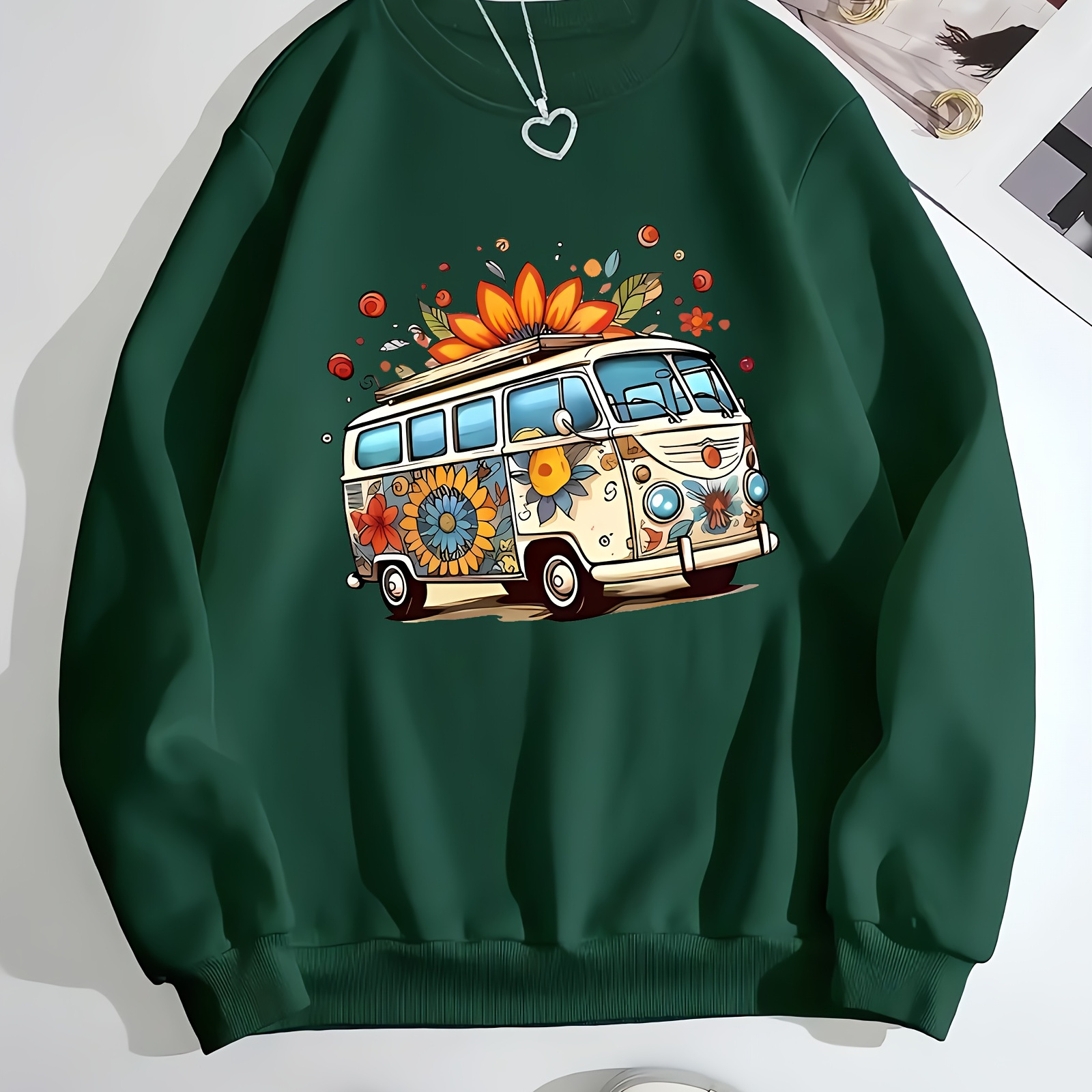 

Chic Floral Bus Print Women's Sweatshirt - Casual Crew Neck, Long Sleeve Pullover For Fall & Winter, Fit Polyester