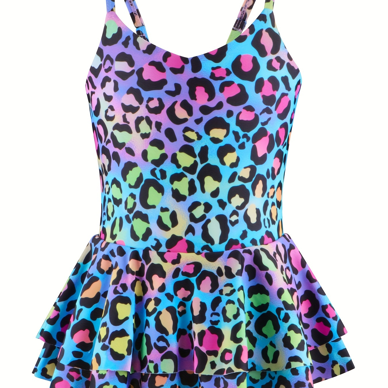 

Girls Casual Leopard Print Cami Swimwear Cute Stretchy Bathing Suit For Summer