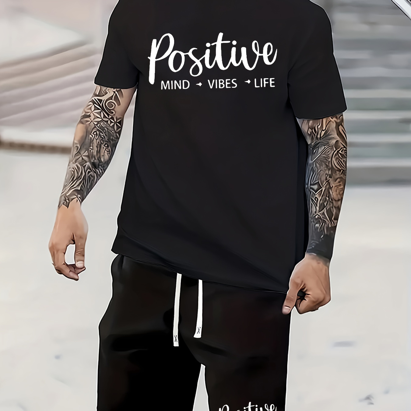 

Positive Mind Vibes Life Print Men's 2-piece Set, Casual Fashion Short Sleeve Crew Neck T-shirt & Athletic Shorts Co Ord Set, Cool Trendy Summer Sportswear