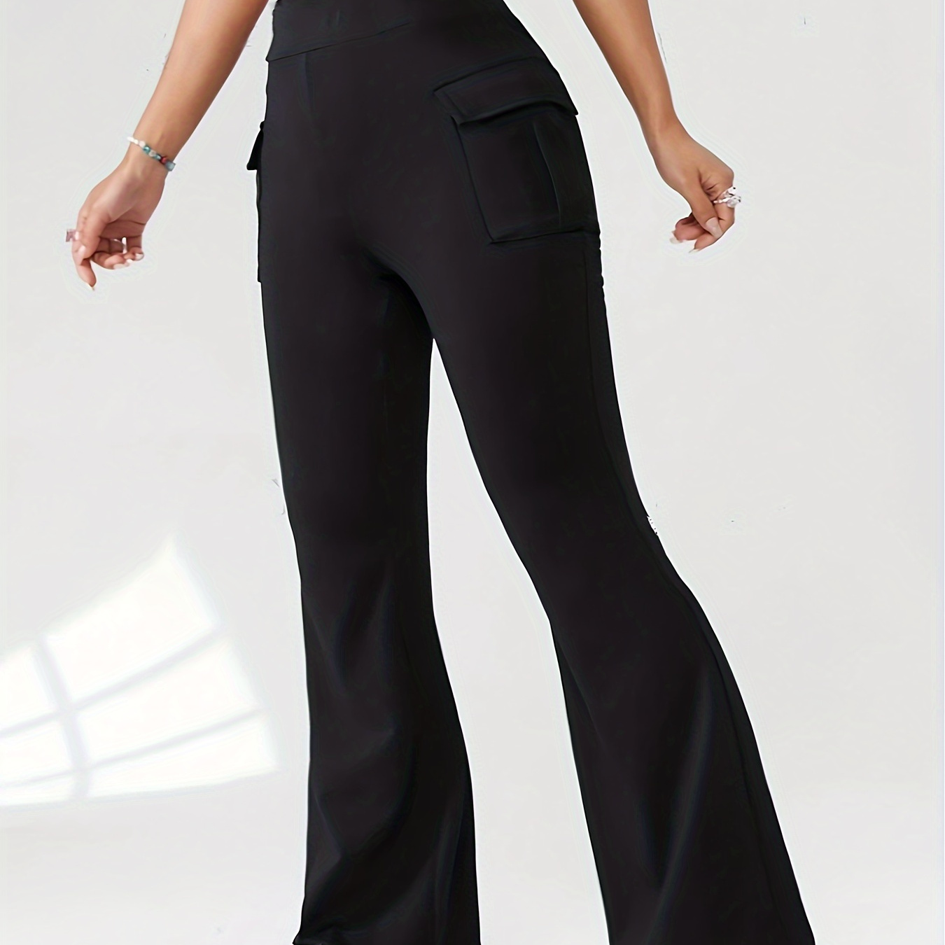 

Elegant Women's Knit Flare Pants With Letter Jacquard & Utility Pockets - Stretchy Polyester Blend, Machine Washable