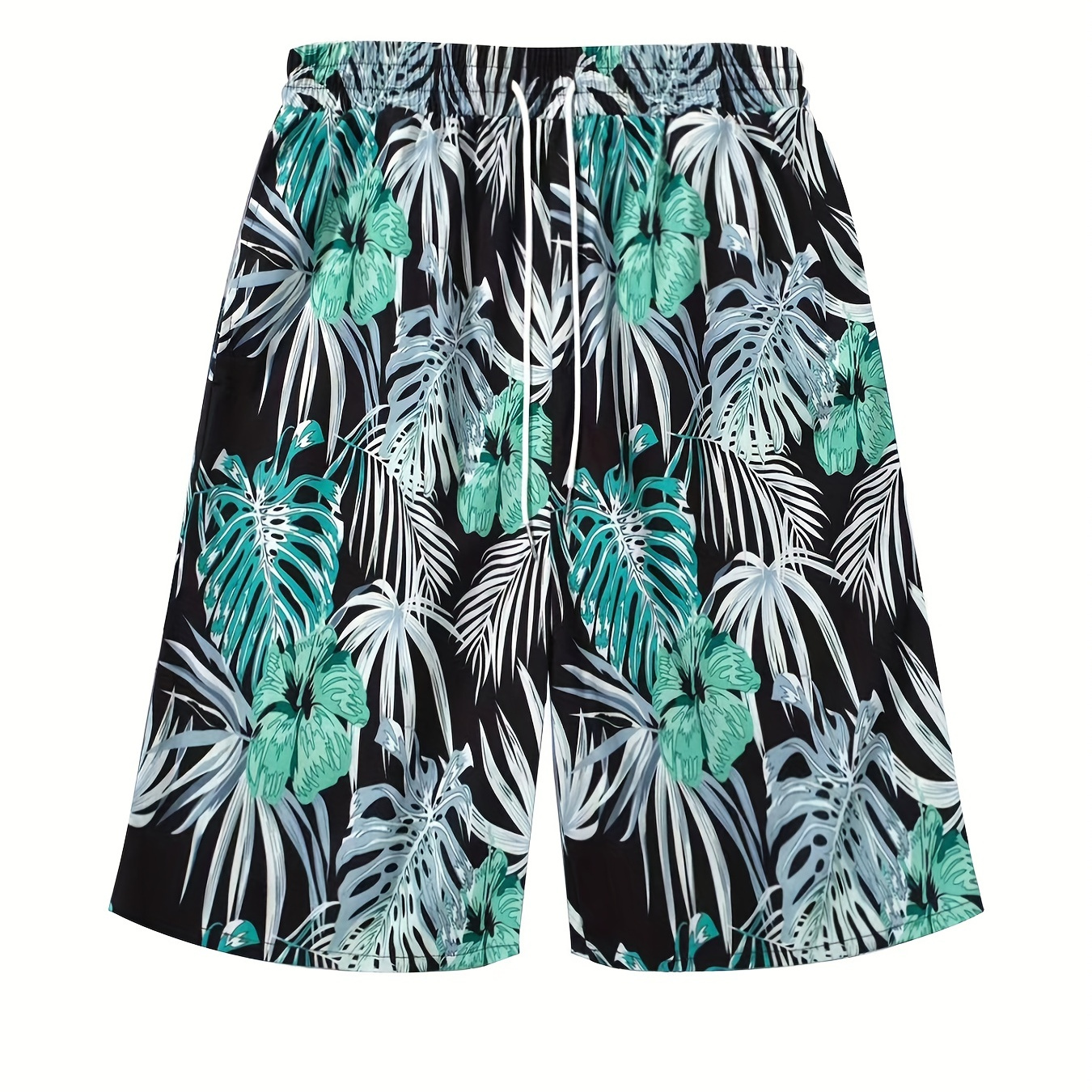 Summer Men's Tropical Leaf & Flowers Graphic Print Shorts, Trendy Beach Swimming Shorts For Big & Tall Males, Plus Size