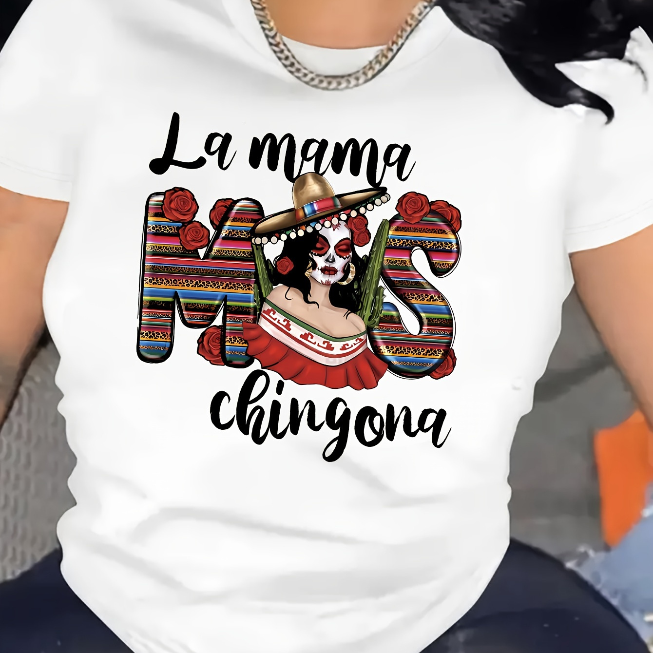 

Women's "la Mama Mas " Graphic Tee With Rose Accents, Fashion Short Sleeve Round Neck Top, Casual Sportswear Style