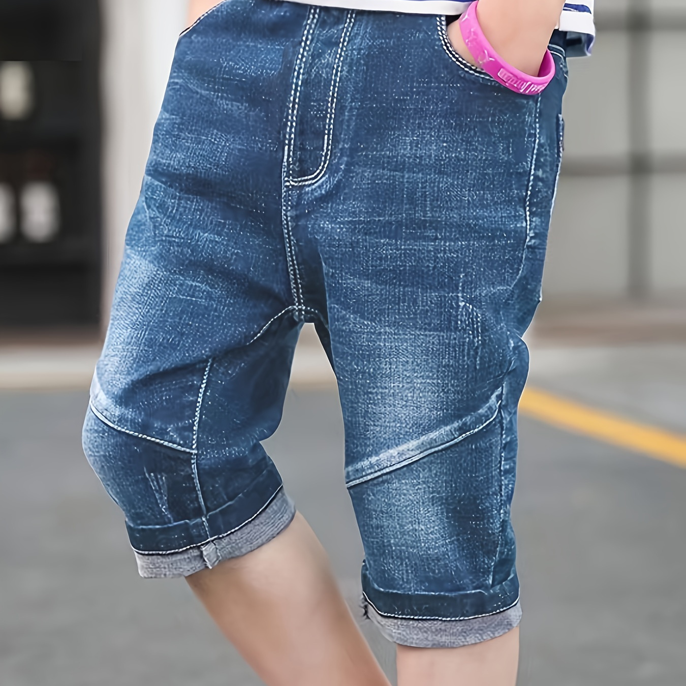

Boys' Summer Patchwork Washed Denim Capri Pants, Casual Style, Elastic Waist, 3/4 Length - Children's Clothing