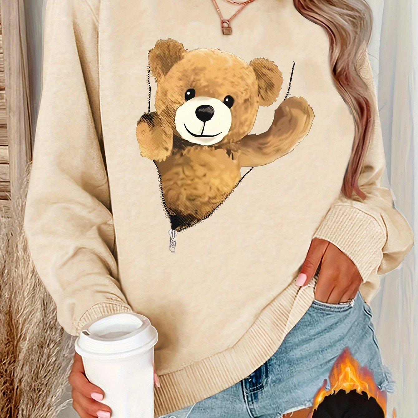 

Cozy Fleece-lined Teddy Bear Graphic Sweatshirt For Women - Casual Crew Neck, Long Sleeve Pullover For Fall & Winter