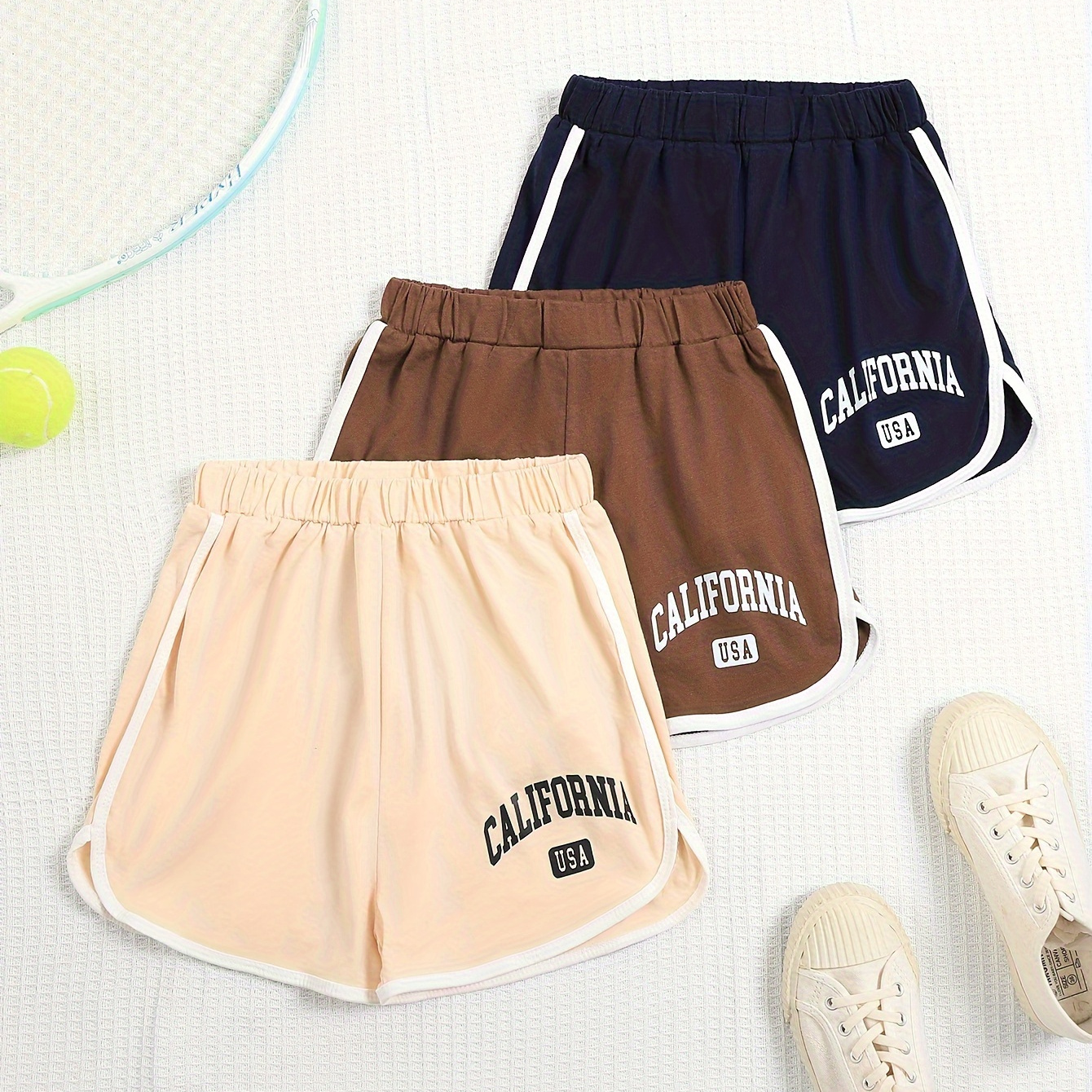

3pcs Casual California Print Shorts Set, Girls Versatile Splicing Elastic Waist Shorts Set For Summer Outdoor Sports Running Gift