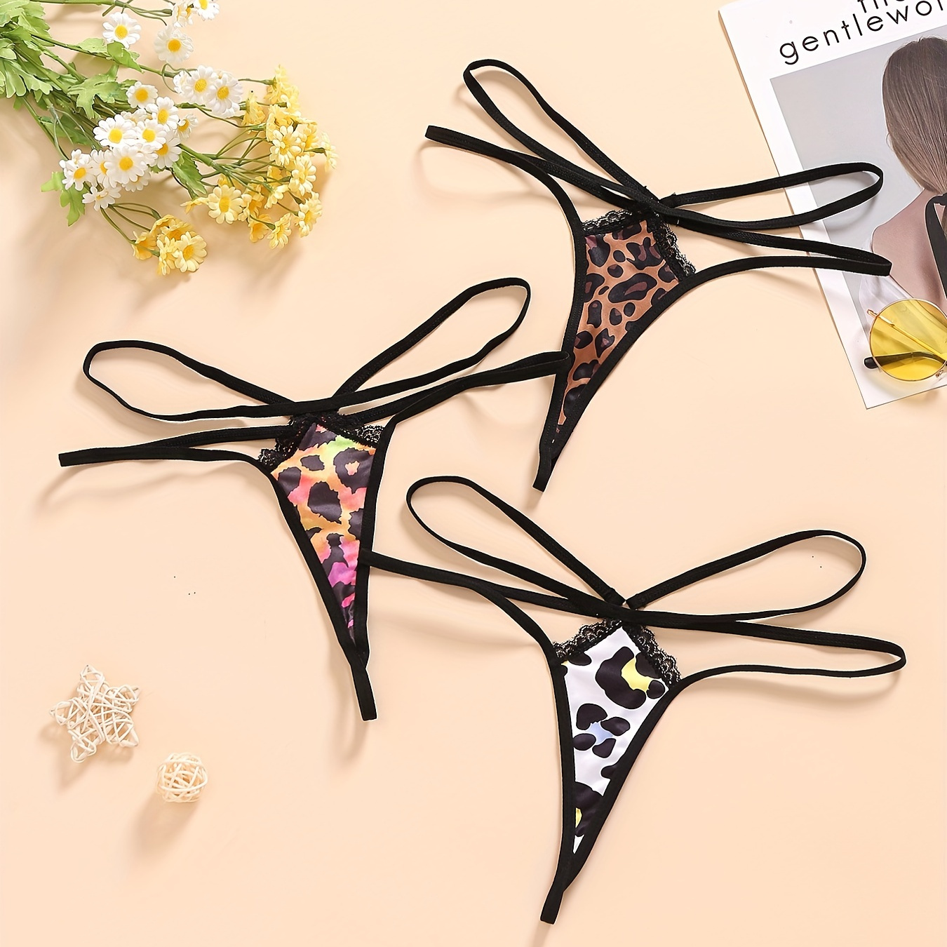 

3pcs Women's Leopard Lace Trim Thongs - Sultry Hollow Out Double Ribbon Panties For Sexy Lingerie & Underwear