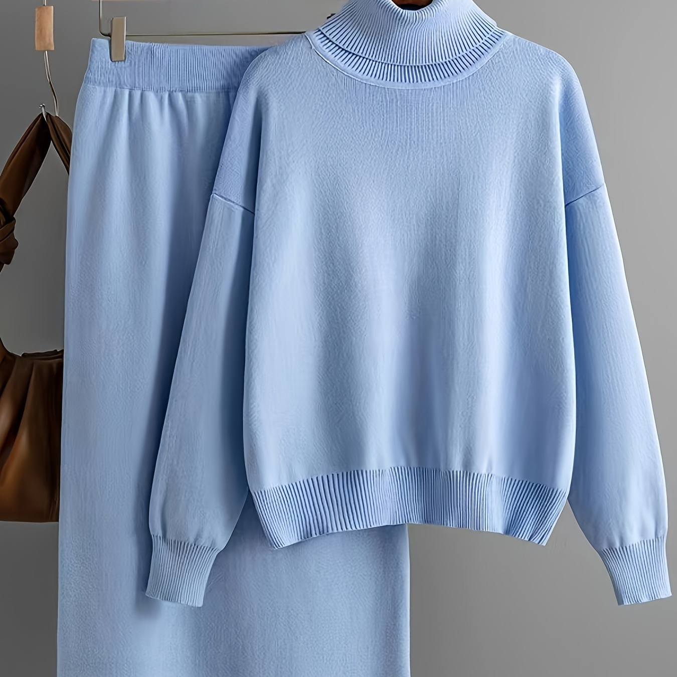 

Elegant Solid Knitted 2 Piece Set, Long Sleeve Sweater & Skirt Outfits, Women's Clothing