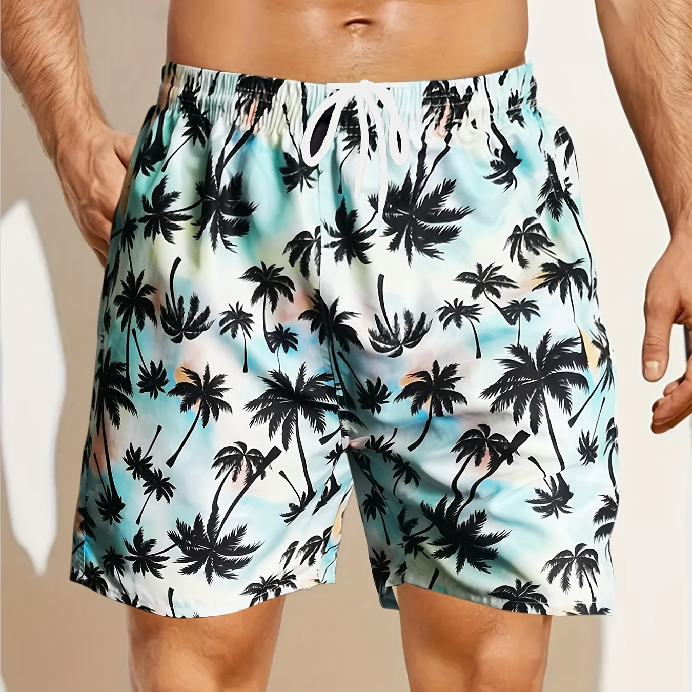 Men's Plus Size Fully Print Coconut Pattern Shorts Beach Pants Holiday Shorts, Elastic Drawstring Sports Short Pants, Seaside Vacation