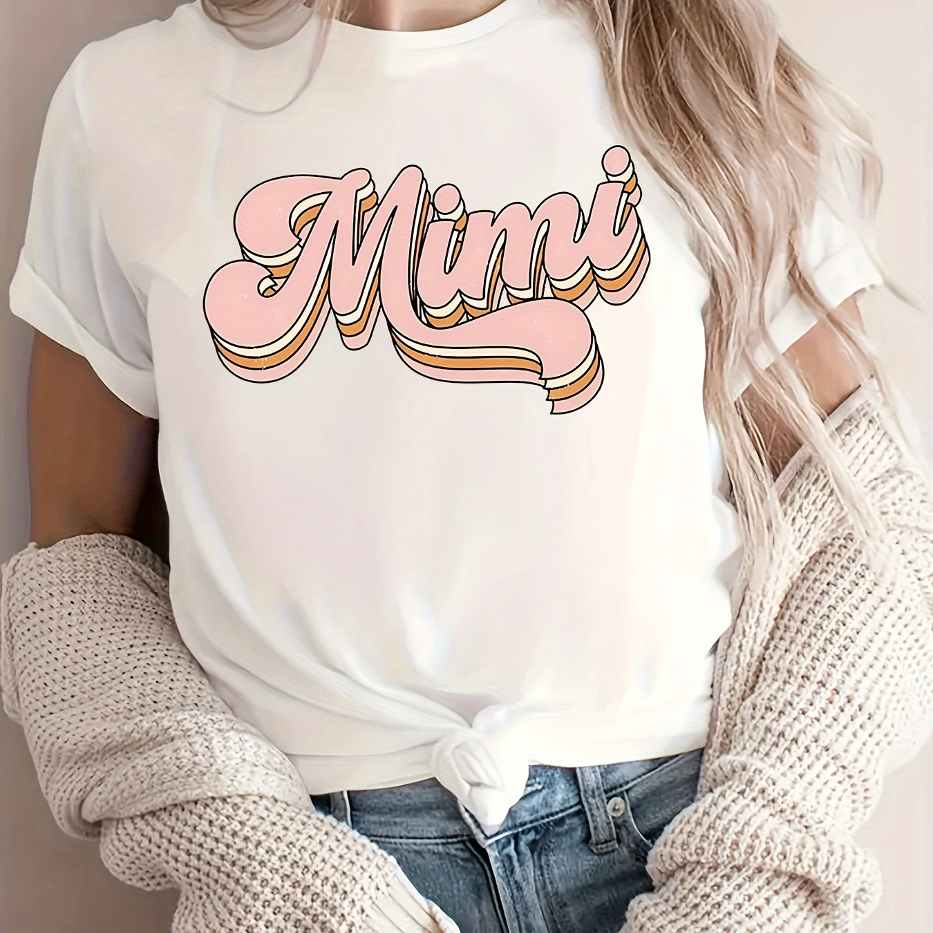 

Mimi Letter Print T-shirt, Short Sleeve Crew Neck Casual Top For Summer & Spring, Women's Clothing