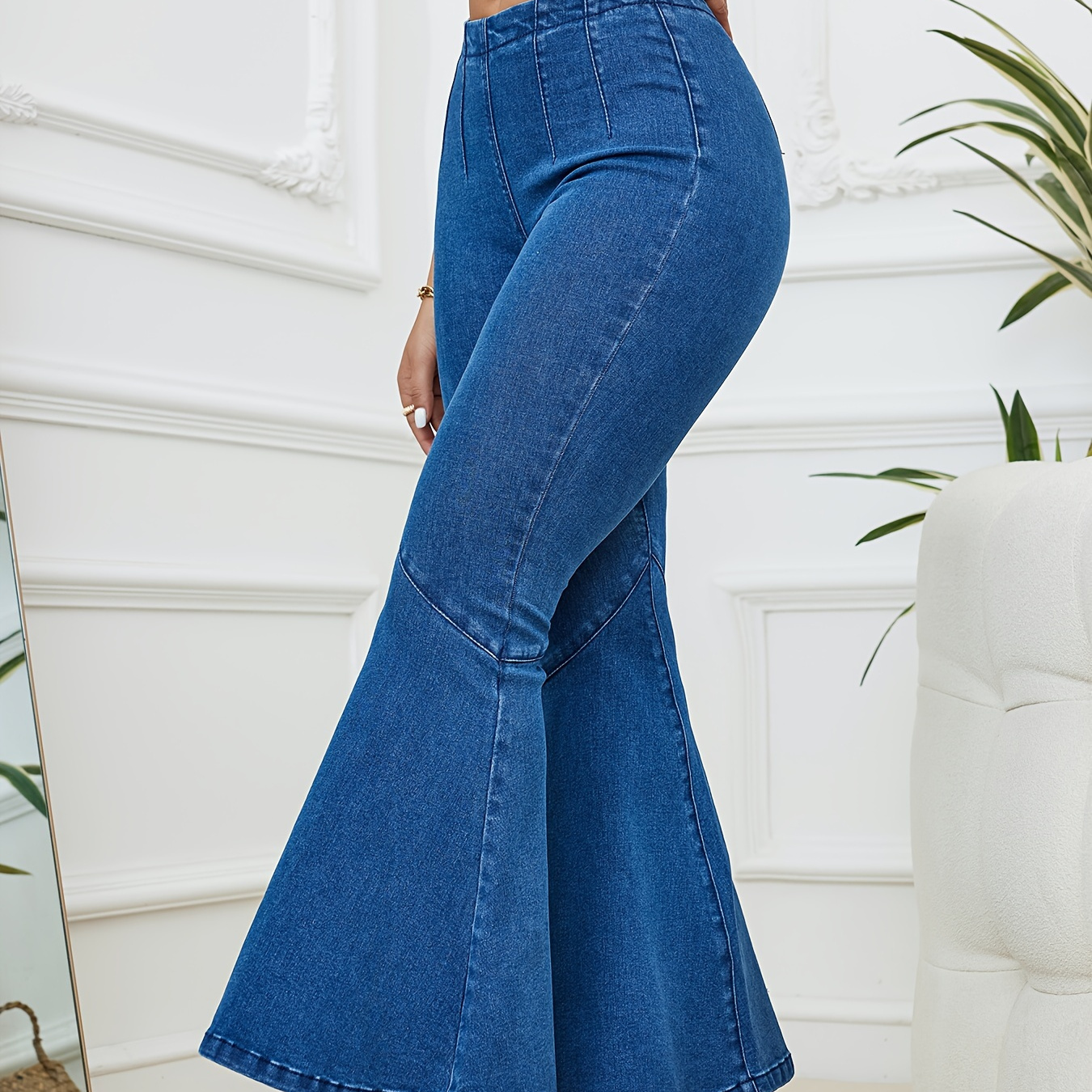 

Zipper Pleated Bell Bottom Jeans, Plain Washed Blue Stretchy Flare Leg Denim Pants, Women's Denim Jeans & Clothing