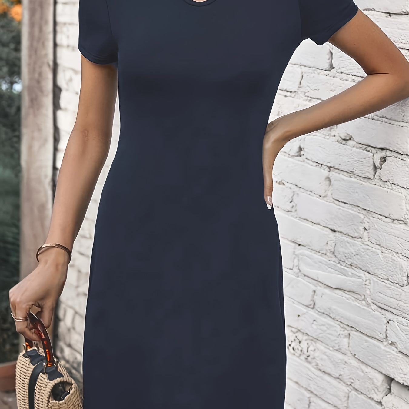 

Solid Keyhole Mini Dress, Elegant Crew Neck Short Sleeve Dress, Women's Clothing