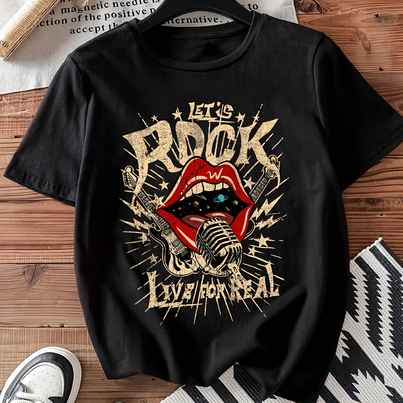 

Rock-inspired Graphic T-shirt, Casual Anime Print, Polyester & Spandex , Crew Neck, Regular Length, Knit Fabric -