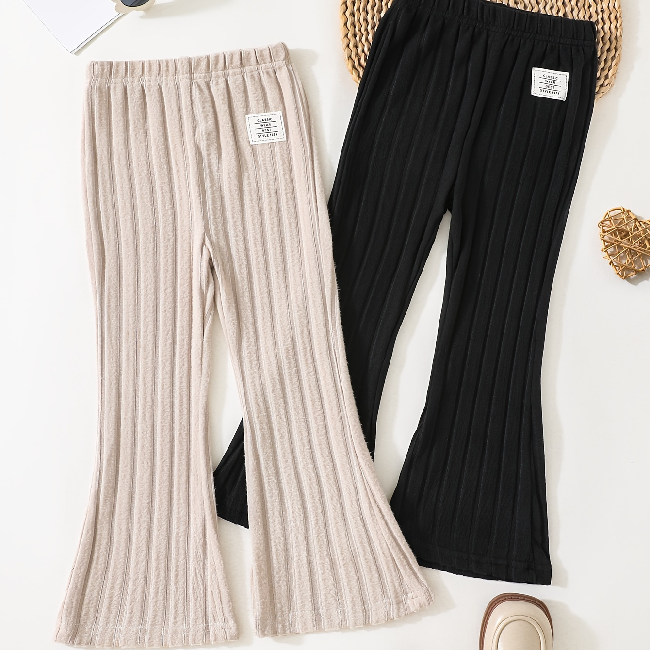 

Girls 2pcs/set Stylish & Comfy Solid Colored Rib Knit Flared Pants For Spring & Fall