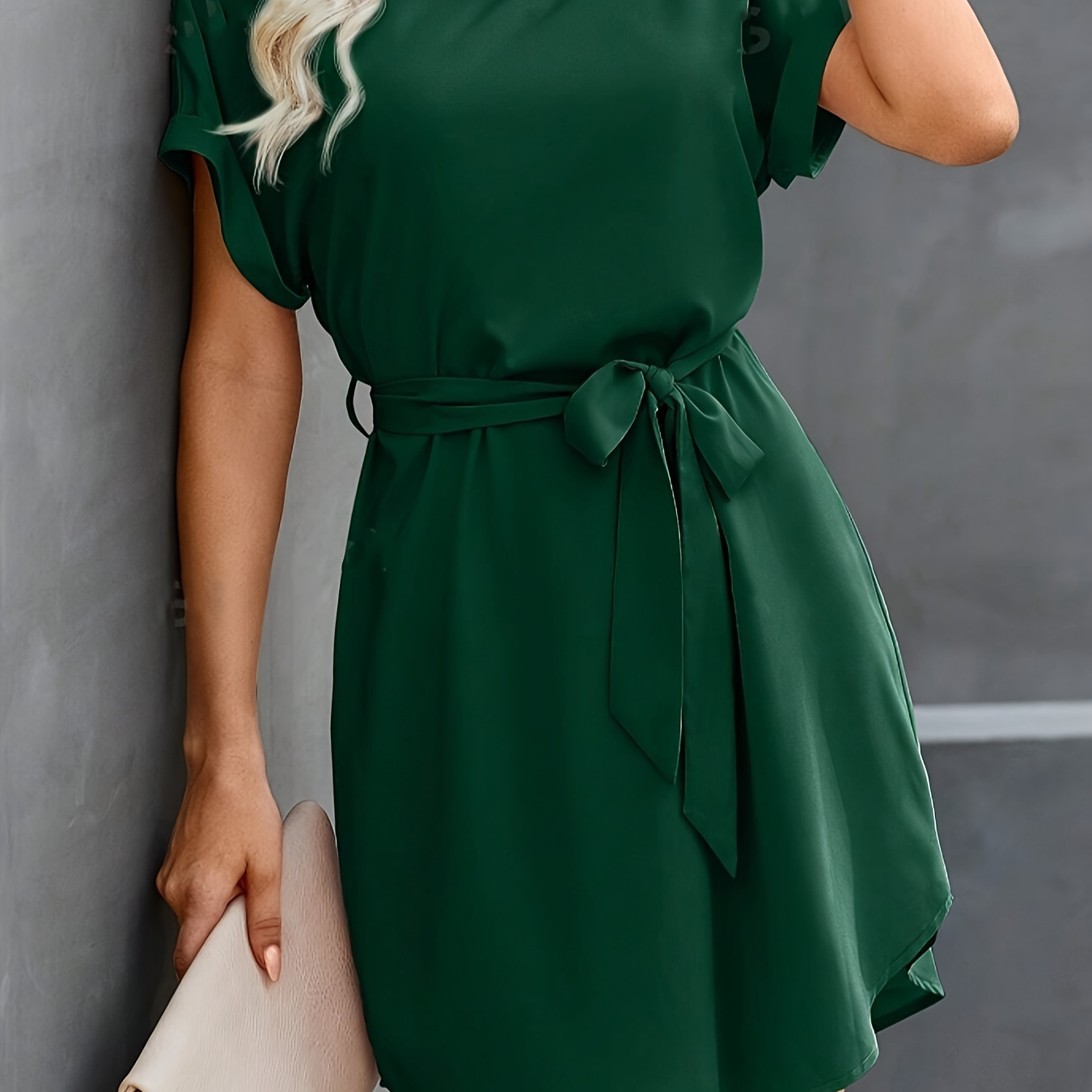 

Tie Waist Crew Neck Dress, Elegant Short Sleeve Curved Hem Dress For Spring & Summer, Women's Clothing