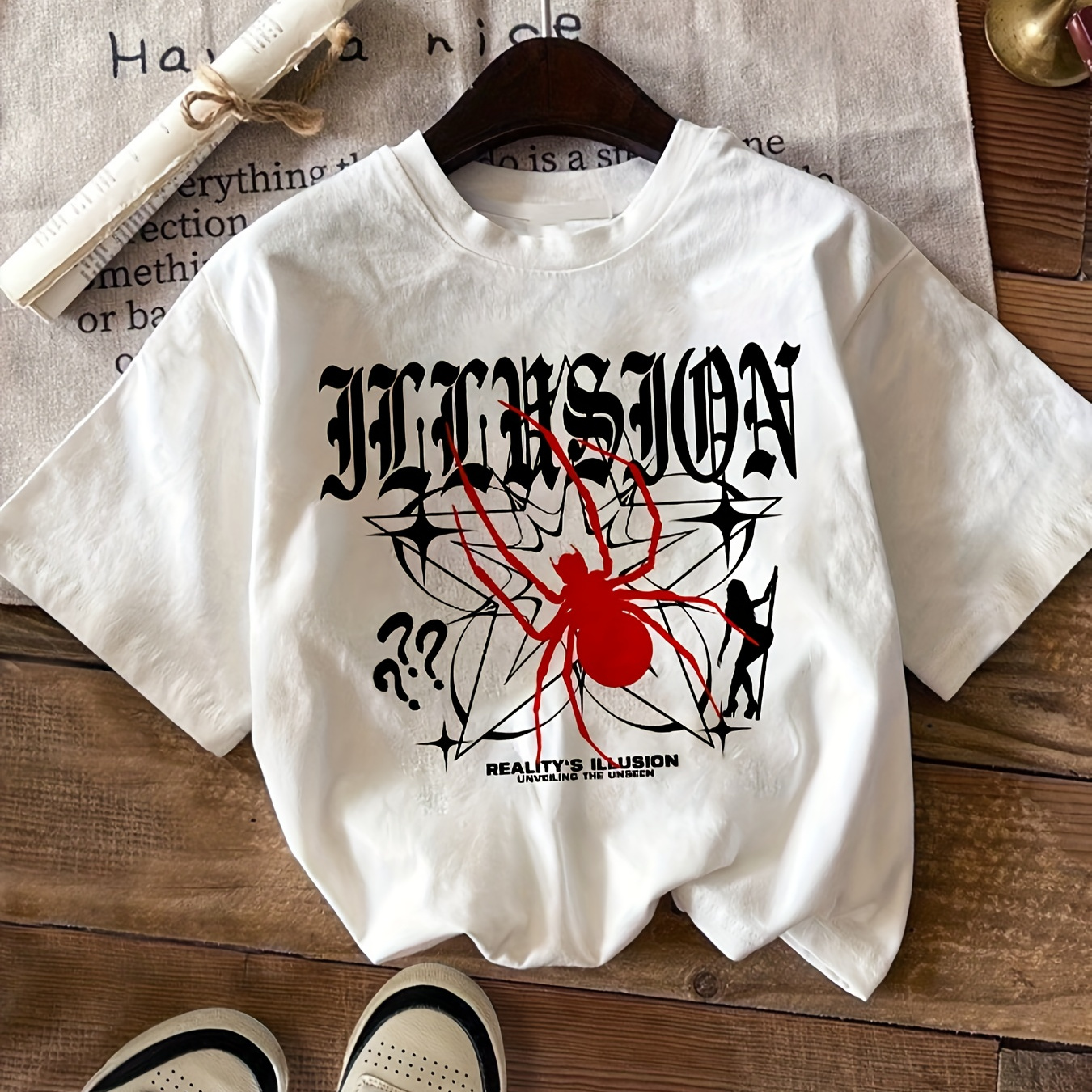 

Letter & Spider Print T-shirt, Short Sleeve Crew Neck Casual Top For Summer & Spring, Women's Clothing