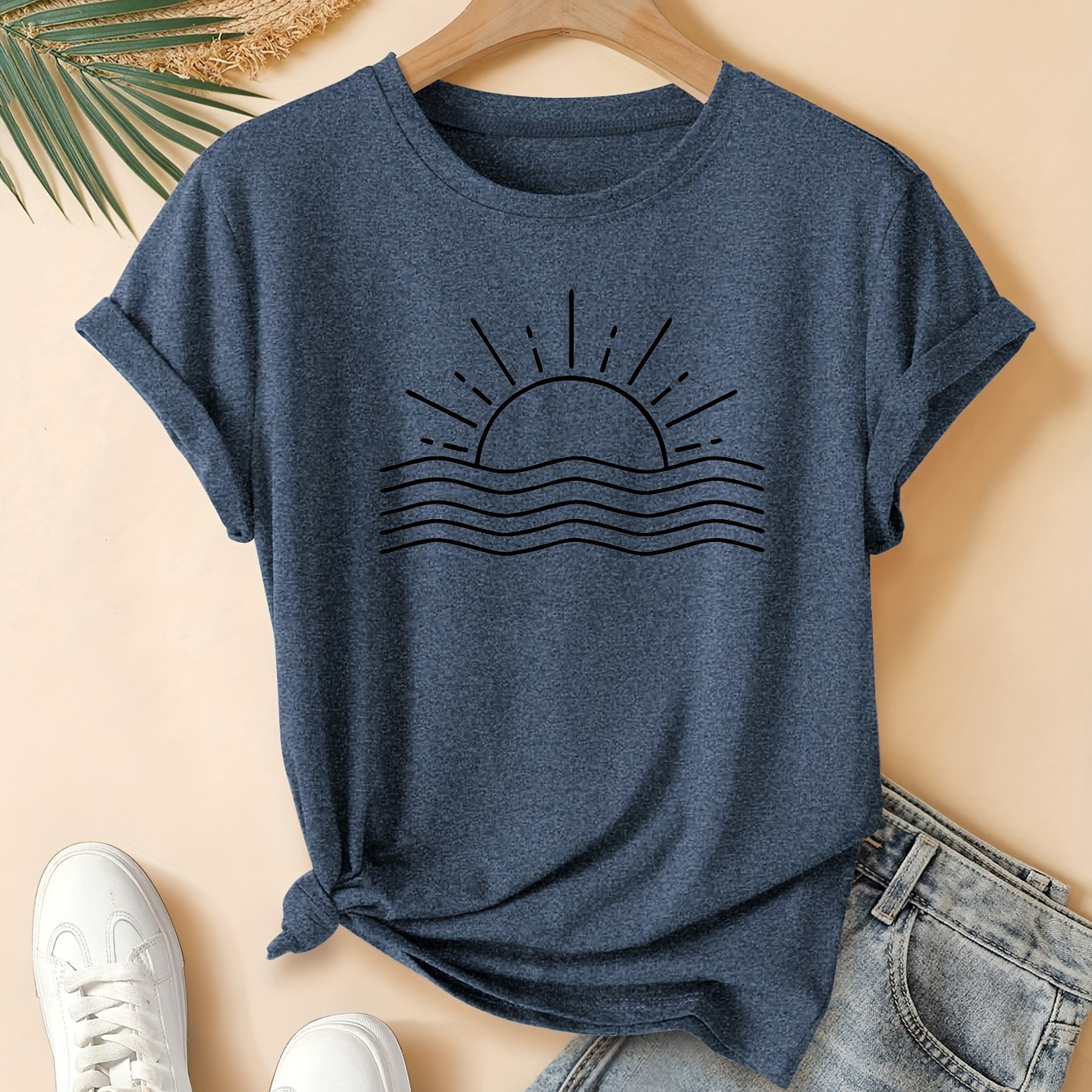 

Graphic Print Casual T-shirt, Round Neck Short Sleeves Comfy Sports Tee, Women's Versatile Tops