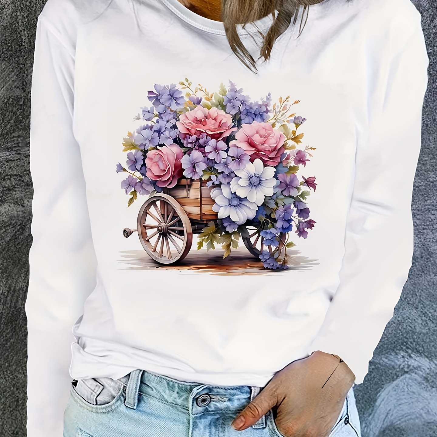 

Floral Neck T-shirt, Casual Long Sleeve Top For Fall & Winter, Women's Clothing