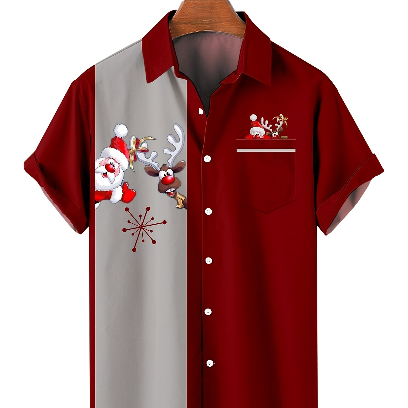 

Christmas Santa & Elk Cartoon Pattern Men's Short Sleeve Button-down Shirt With Chest Pocket, Gift For Men