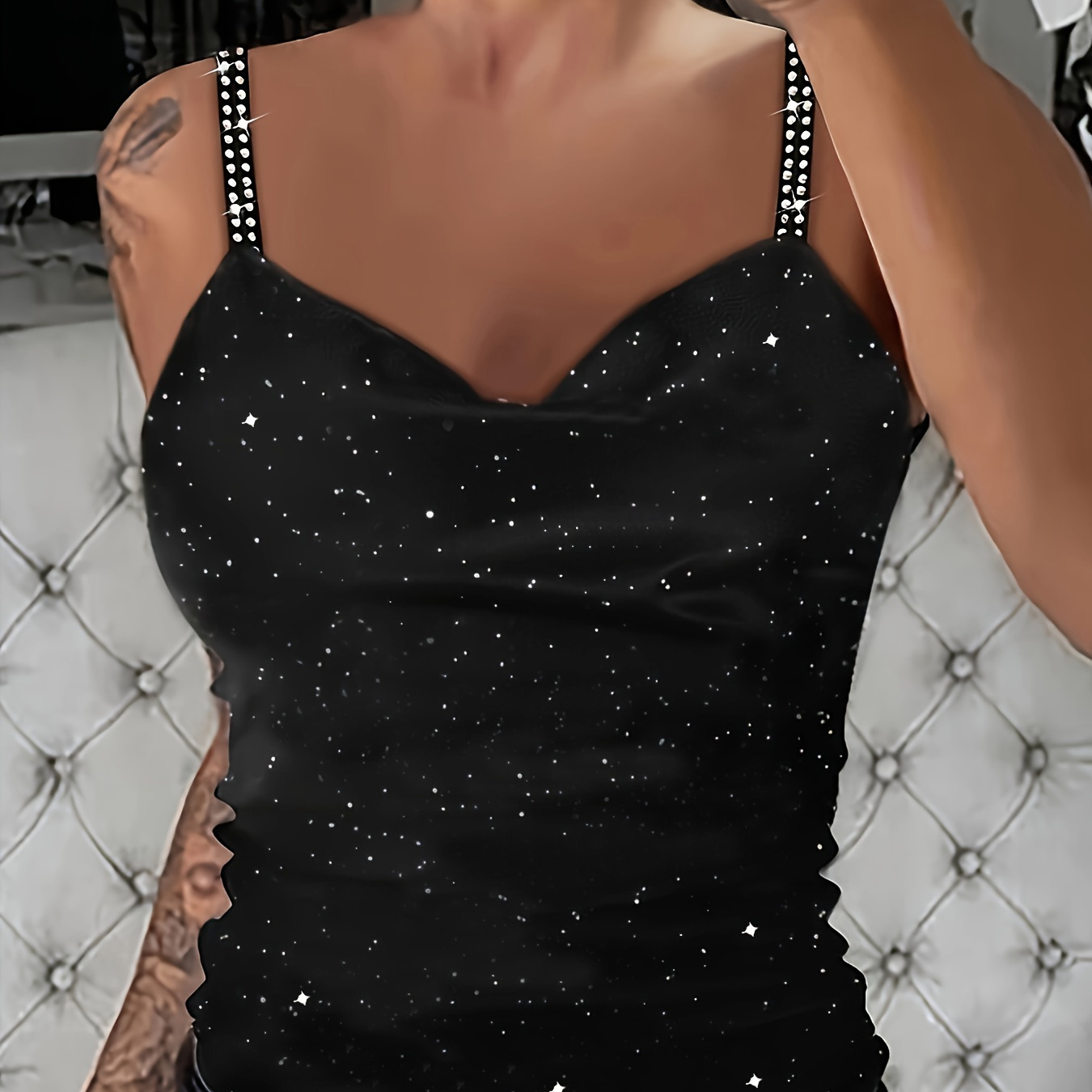 

Women's Fashion Glitter Cami Top With Rhinestone Straps, Hot Sleeveless Sparkle Camisole, Casual Party Wear