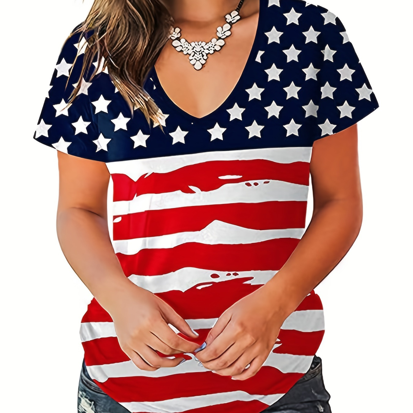 

Plus Size Casual T-shirt, Women's Plus Flag Print Short Sleeve V Neck Medium Stretch T-shirt