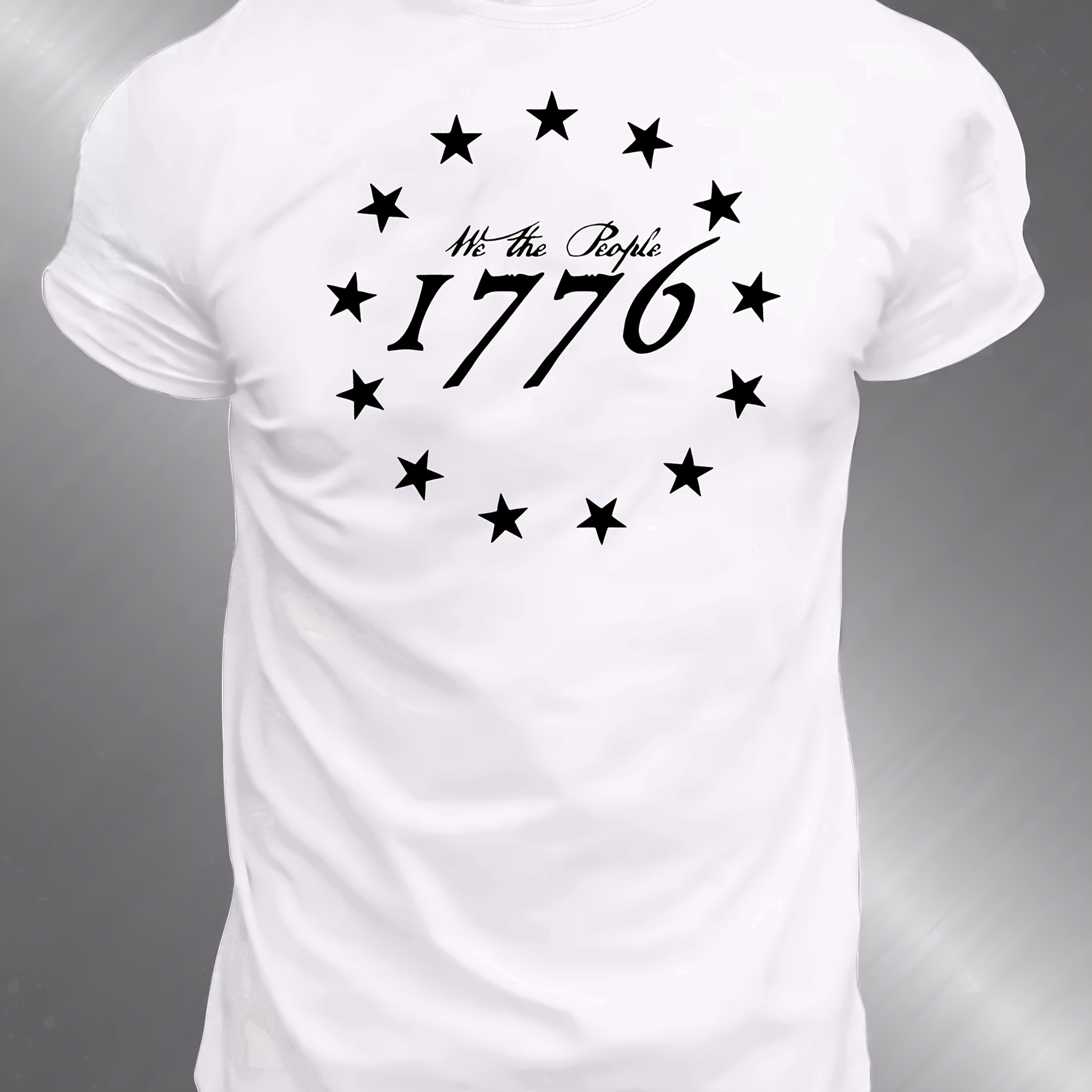 

1776 Stars Print Plus Size Men's Crew Neck Trendy T-shirt, Comfortable Top For Big & Tall