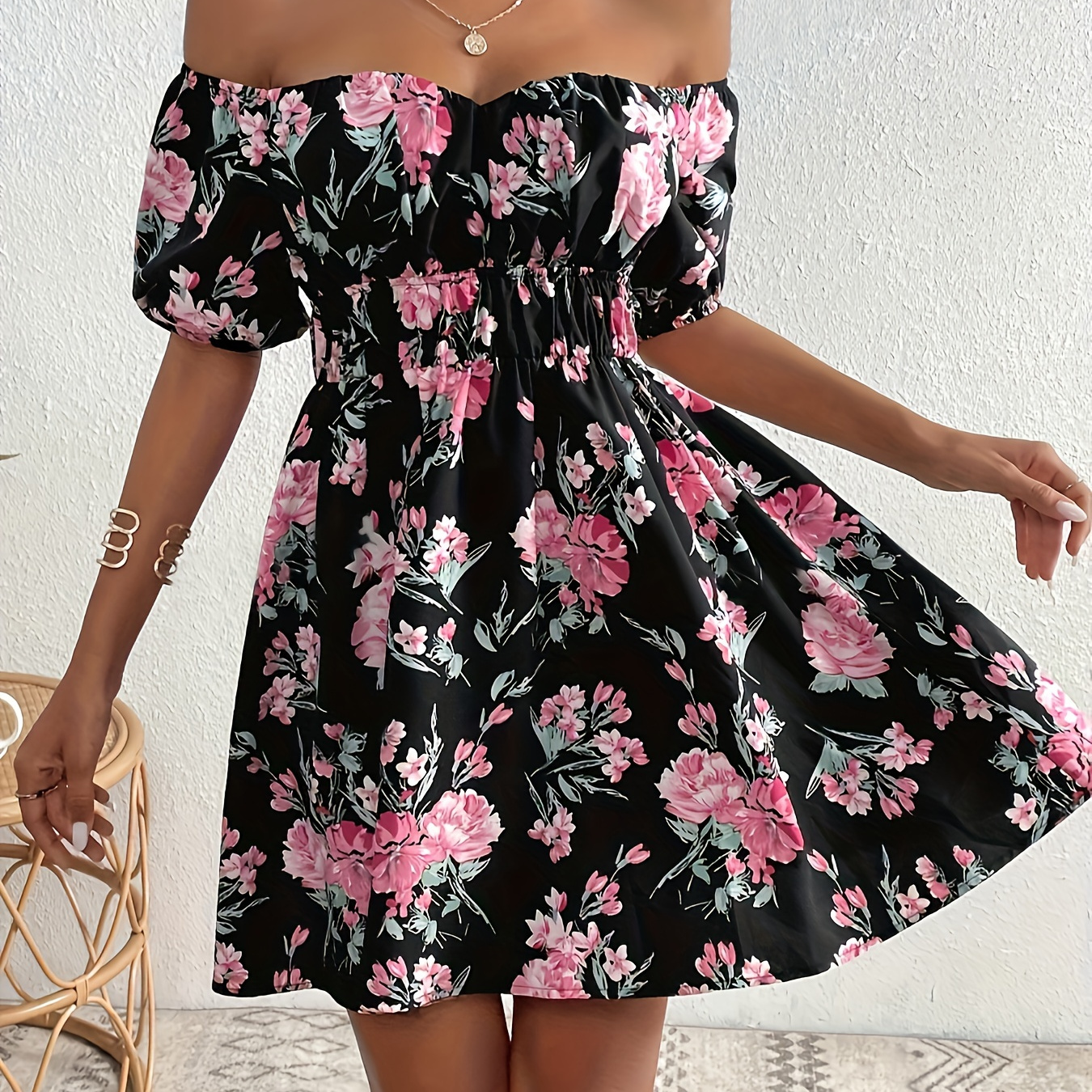 

2025 Spring/summer , Elegant Off-shoulder Dress For Women, Sexy Fitted Short Black Floral Print Dress.