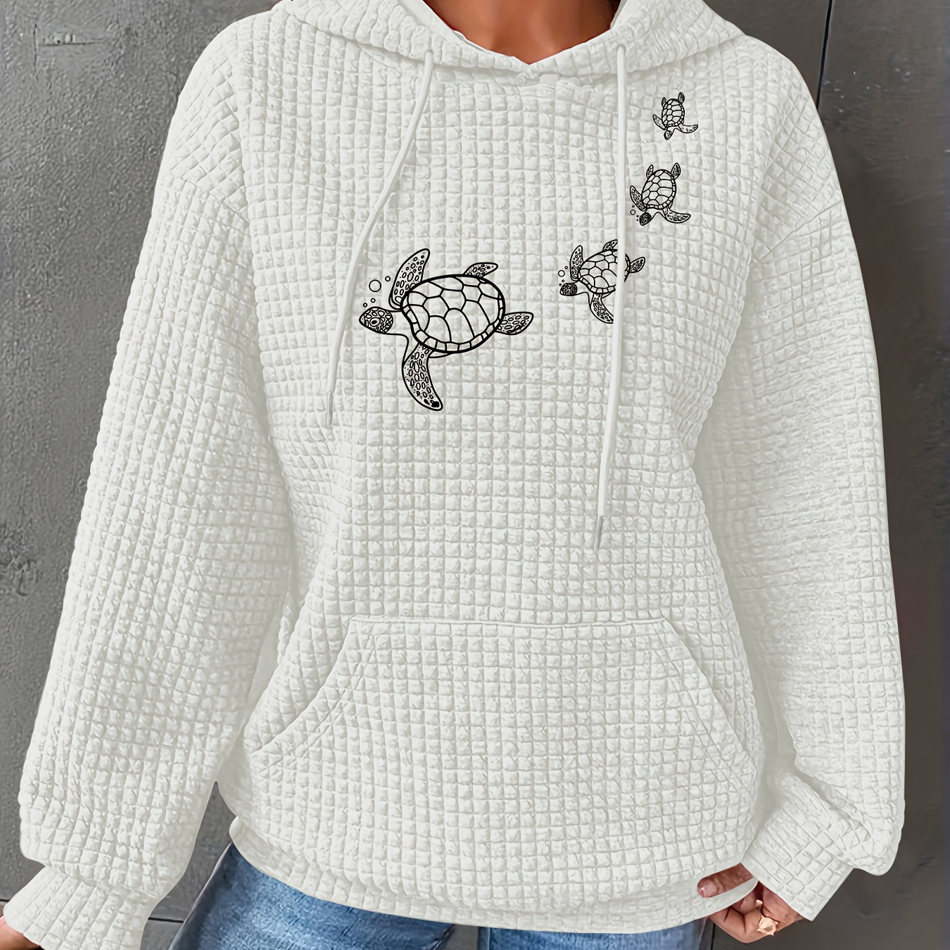 

Sweat à capuche kangourou imprimé tortue, sweat-shirt gaufré à manches longues décontracté avec cordon de serrage, vêtements pour femmes