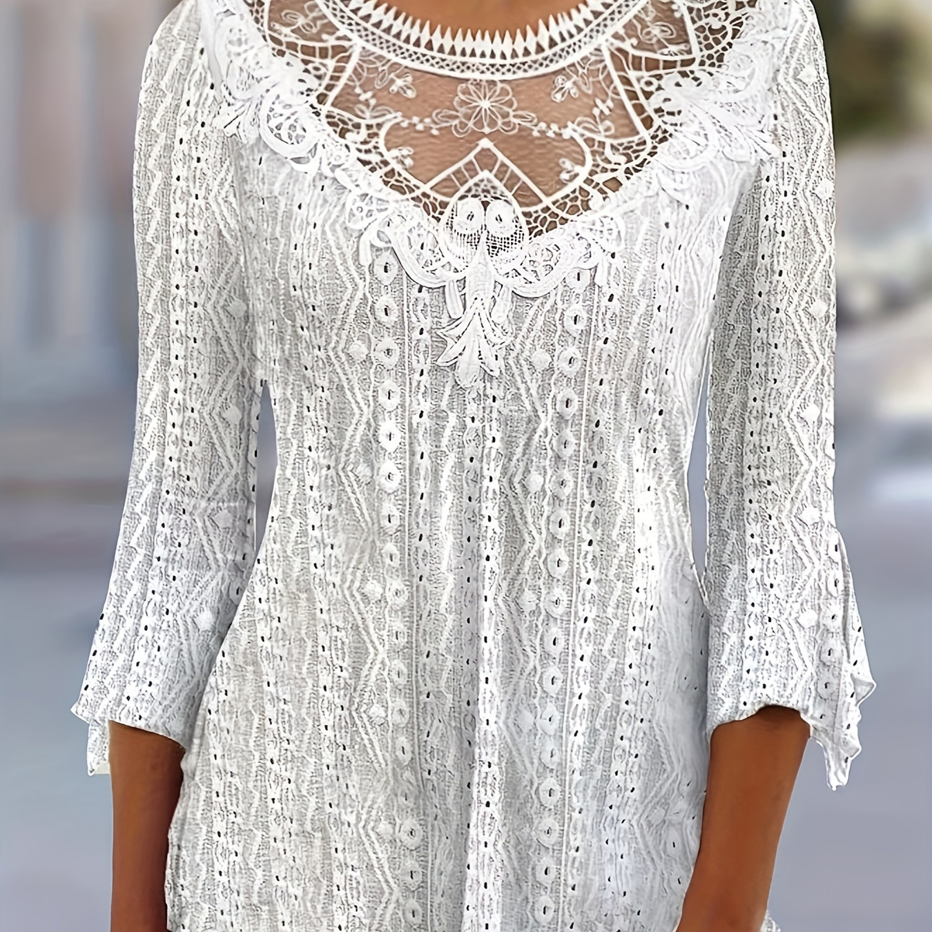 

Contrast Lace Crew Neck Tunics, Casual 3/4 Sleeve Outwear For Spring & Summer, Women's Clothing