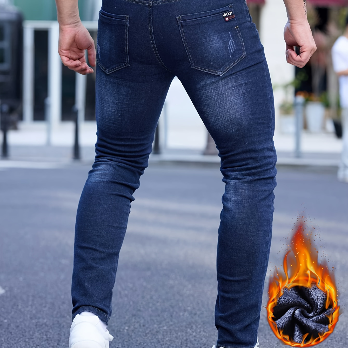 

Men's Solid Fleece Denim Pants With Pockets, Causal Cotton Blend Slim-fit Warm Jeans For Fall Winter Outdoor Activities