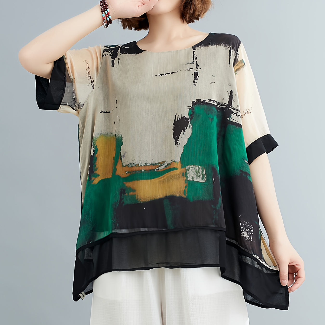 

Abstract Print Crew Neck Blouse, Casual Short Sleeve Asymmetric Hem Top For Spring & Summer, Women's Clothing