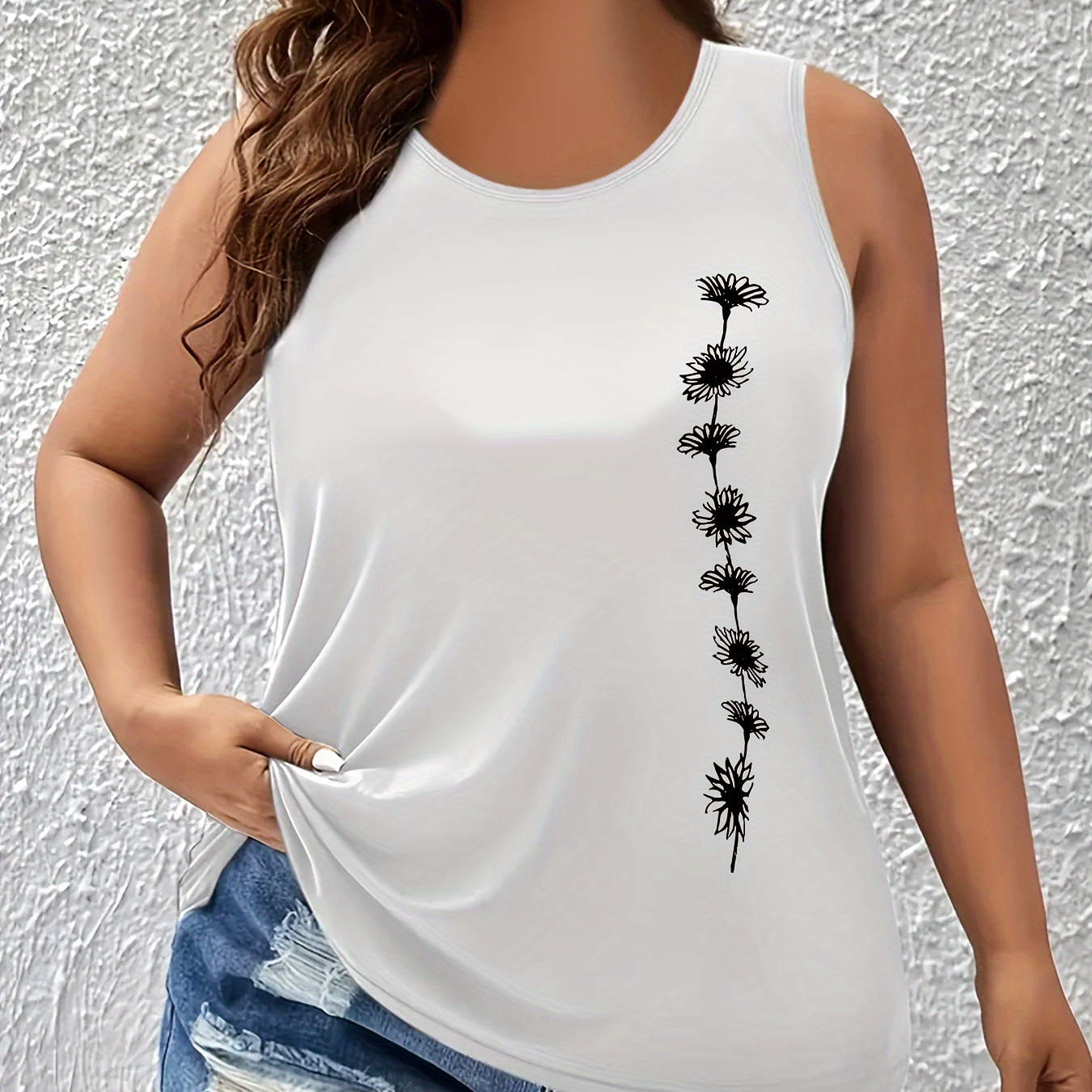 

Plus Size Floral Print Tank Top, Casual Sleeveless Crew Neck Top For Summer & Spring, Women's Plus Size Clothing