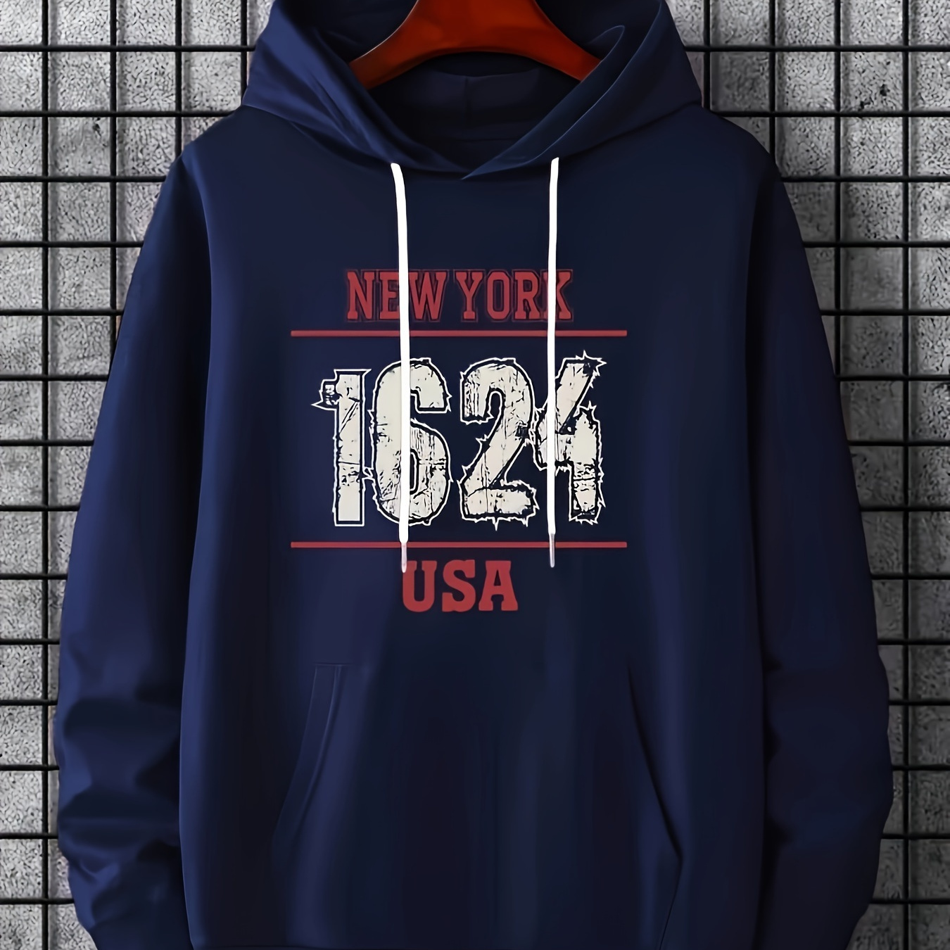 

Men's Usa 1624 Print Hoodie, Casual Slightly Stretch Breathable Hooded Sweatshirt For Spring Fall Outdoor