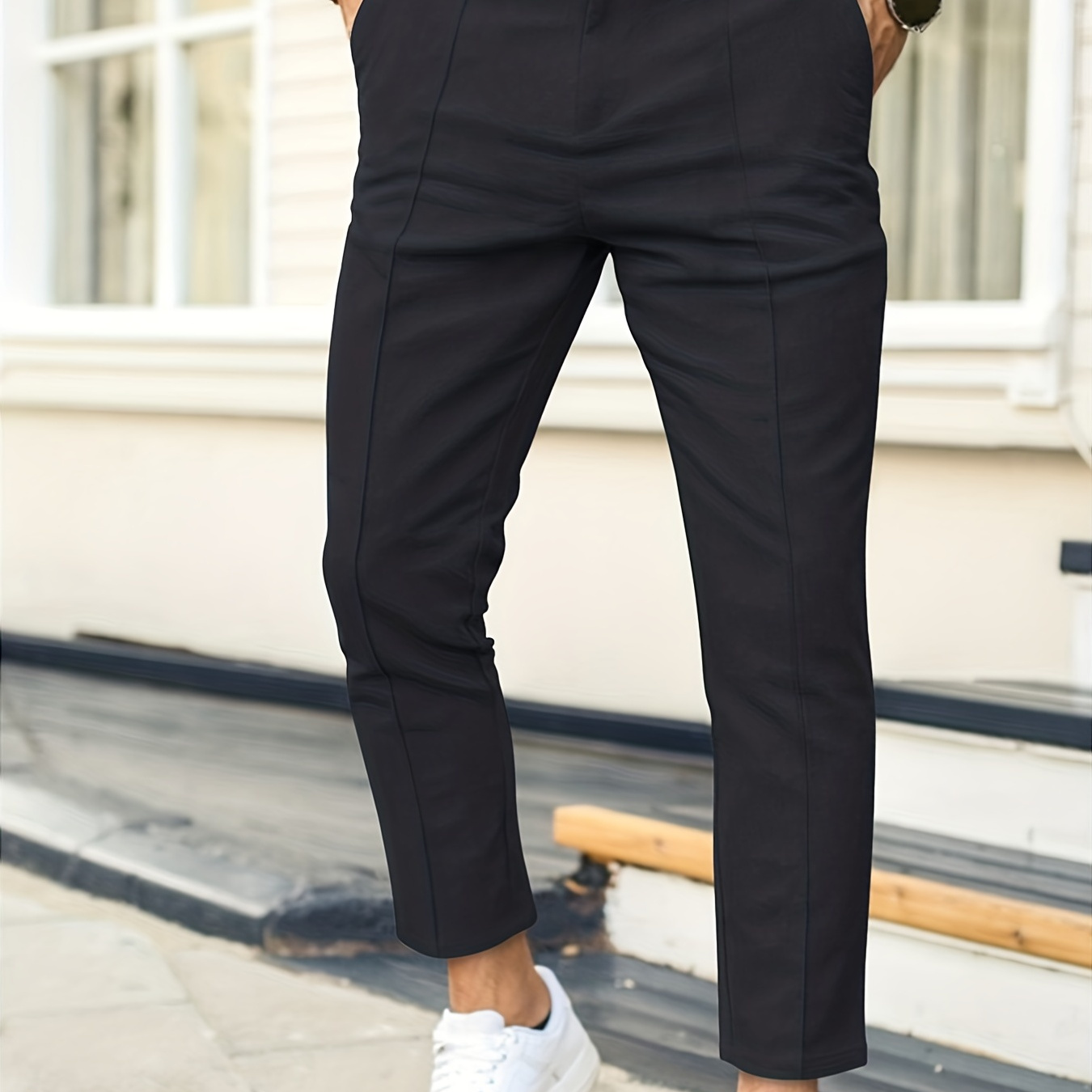 Men's Work Pockets Button Fly Pleated Line Slim Fit Trousers