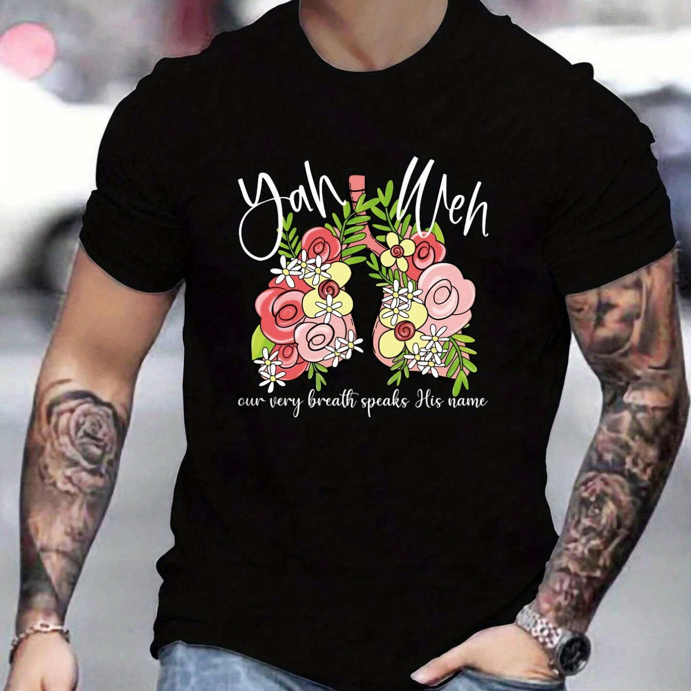 

'yah Weh Our Very Breath Speaks His Name' Flower Round Neck Graphic T-shirts, Causal Tees, Short Sleeves Comfortable Tops, Men's Summer Clothing