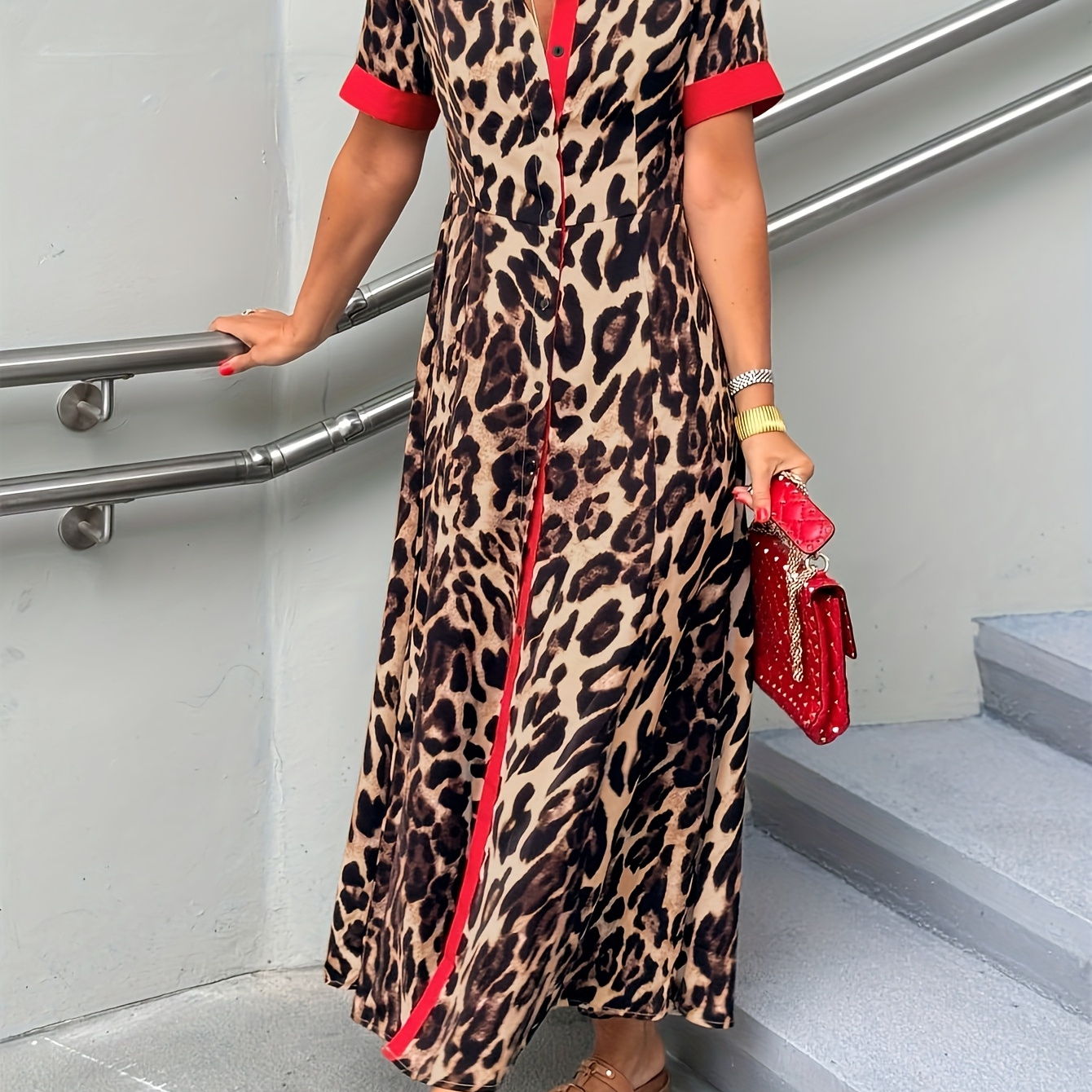 Women'S Chic Button Front Leopard Print Red Color Block Short Sleeves Maxi  Dress - Casual Versatile Lapel Collar Design for Spring And Summer