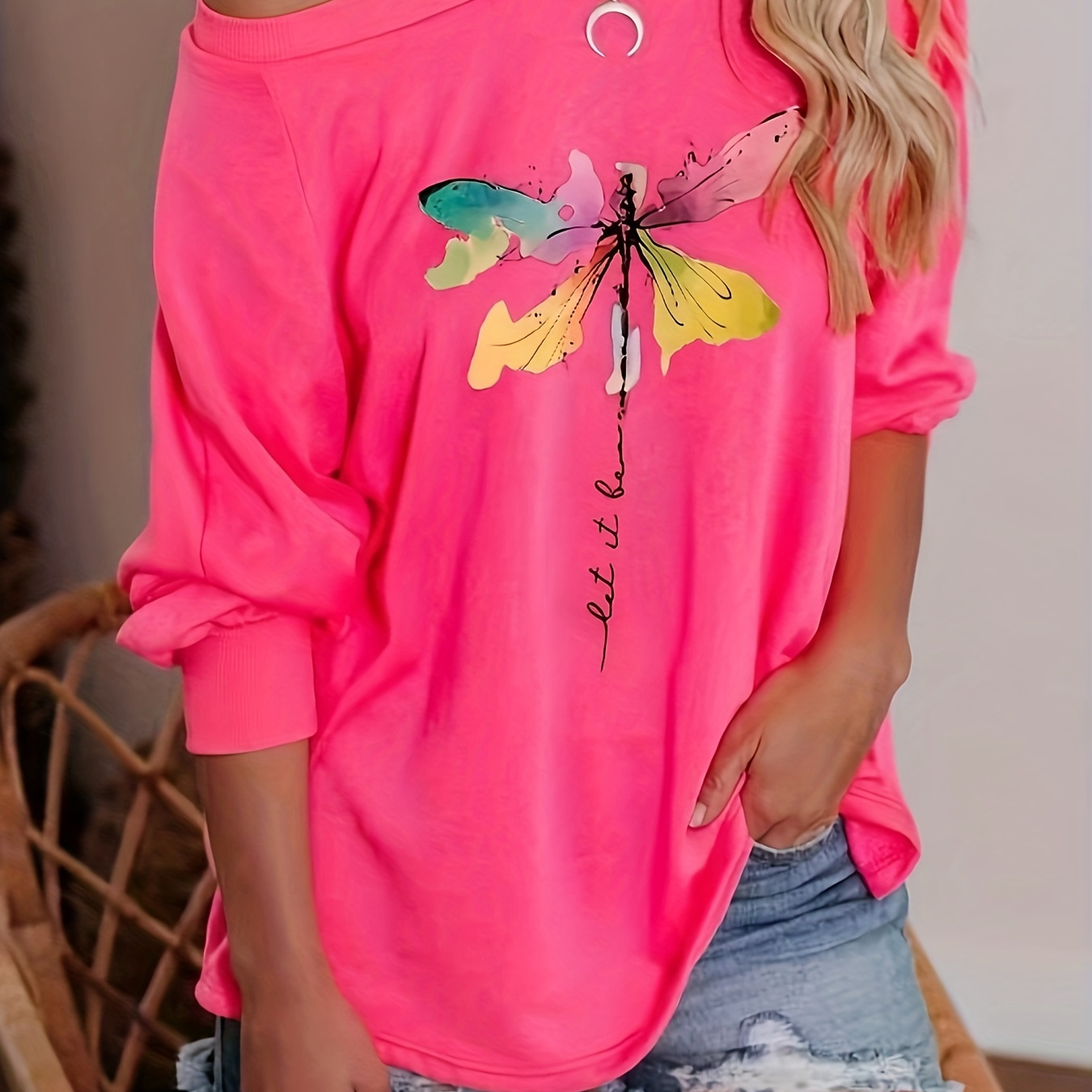 

Colorblock Dragonfly Print T-shirt, Casual Long Sleeve Top For Spring & Fall, Women's Clothing