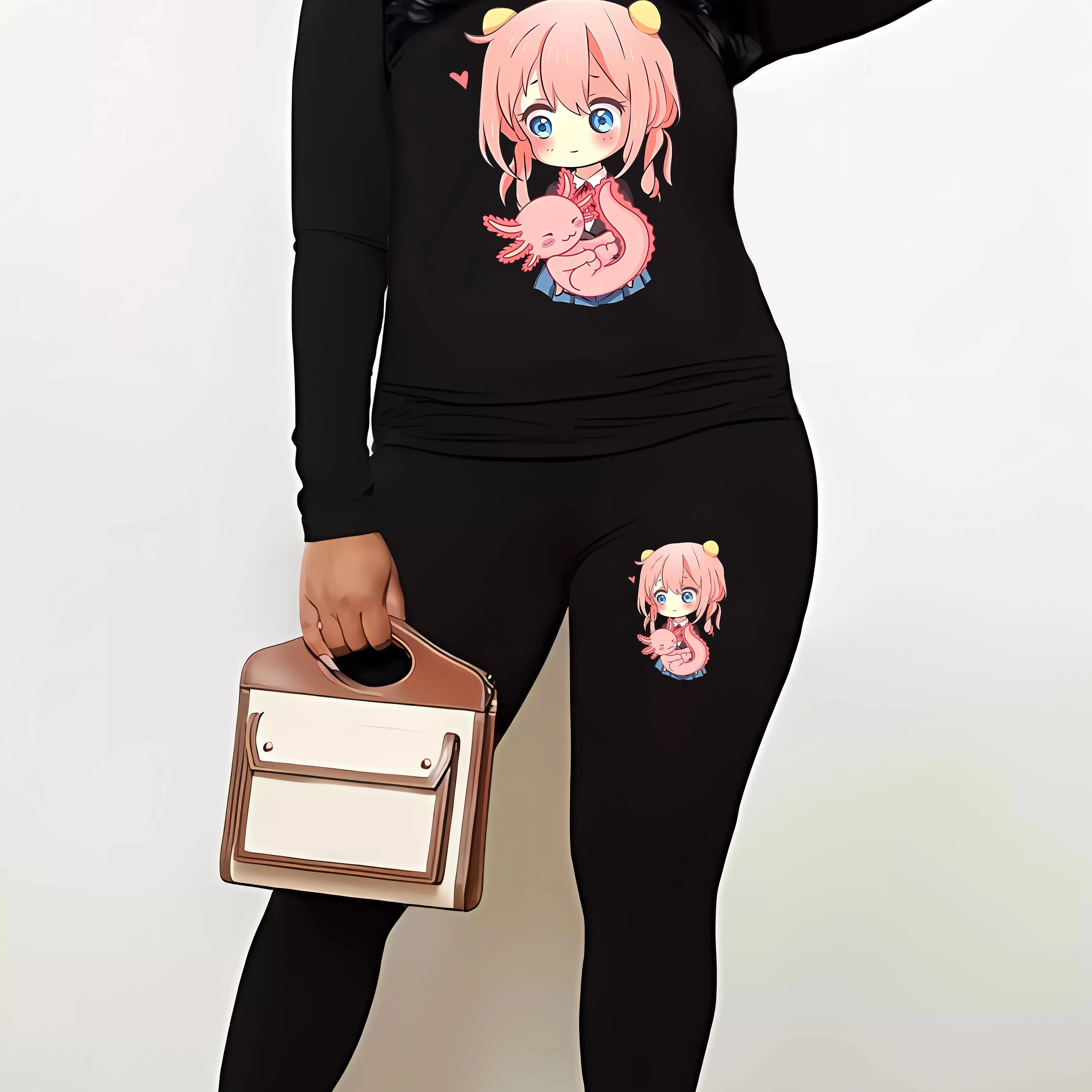 

Plus Size Casual Outfits 2 Piece Set, Women's Plus Cartoon Anime Print Long Sleeve Round Neck Top & Leggings Outfits 2 Piece Set