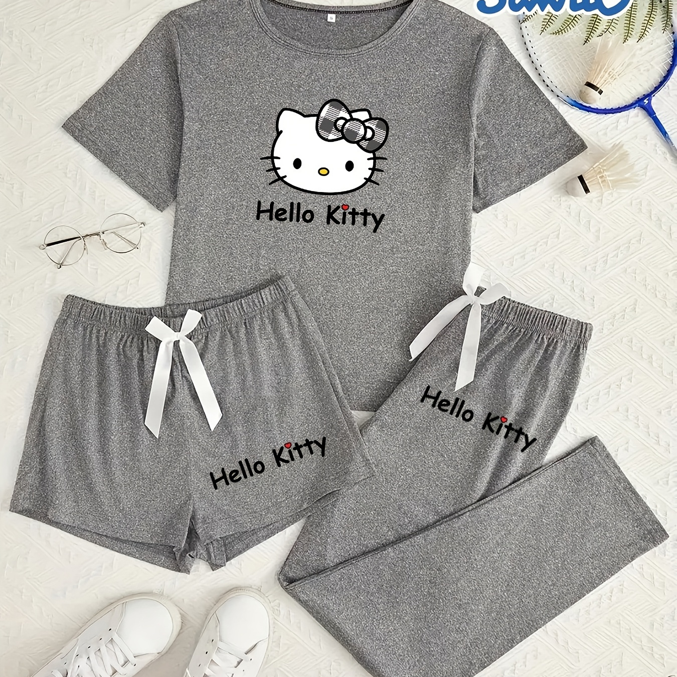 

Sanrio Hello Kitty Women's Pajama Set, 3pcs Crew Neck Short Sleeve Shorts Long Pants, Cartoon Printed Comfortable Warm Sleepwear, 95% Polyester 5% Elastane, All Season Knit Fabric, 150gsm