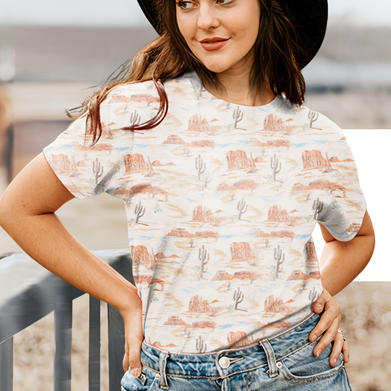 

Women's Summer And Autumn Pattern Shirt Cactus Desert Pattern T-shirt Short Sleeve Top