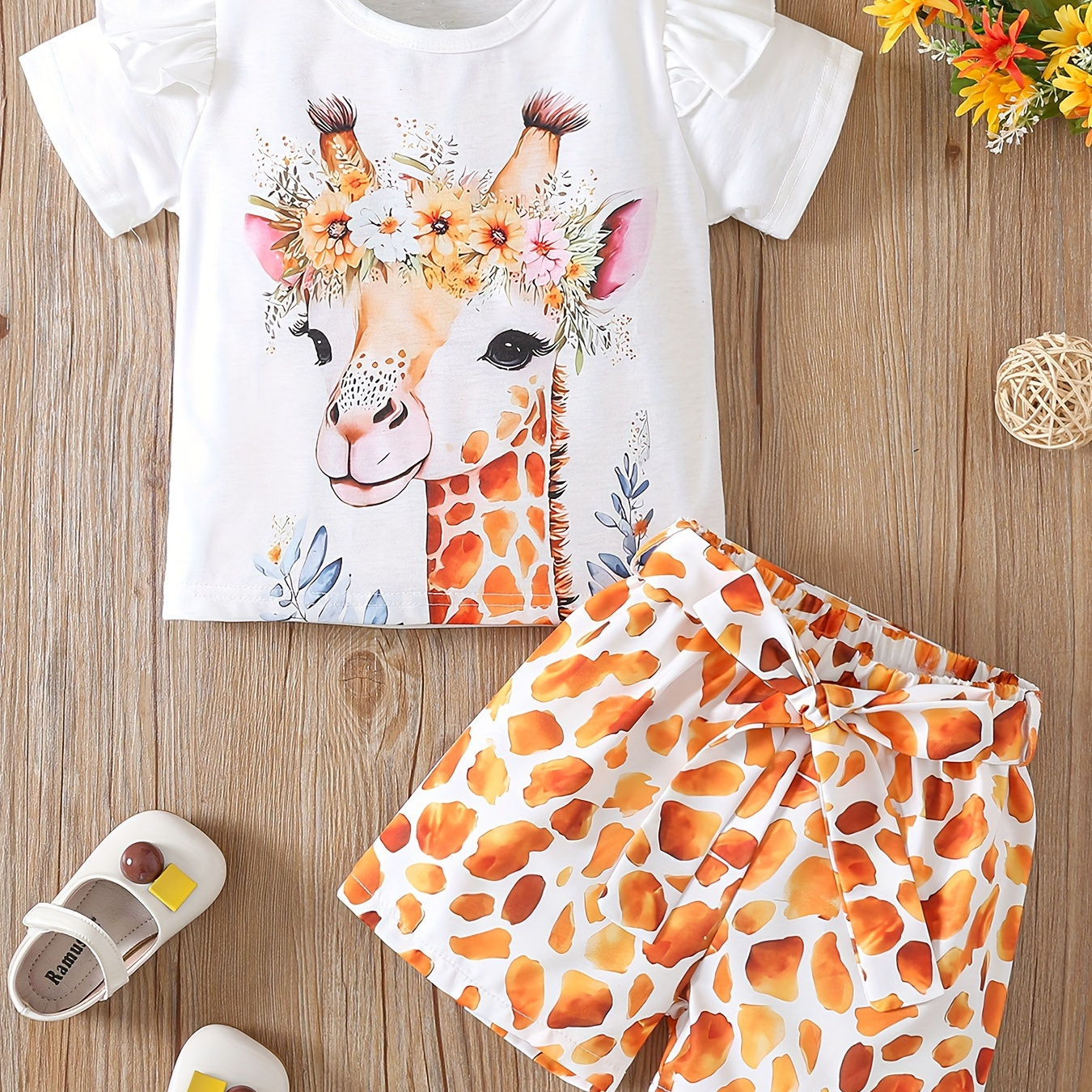 

Girls Giraffe Themed 2pcs Ruffle Short Sleeve Top & Animal Print Shorts Set, Holiday/ Zoo/ Summer Outfit