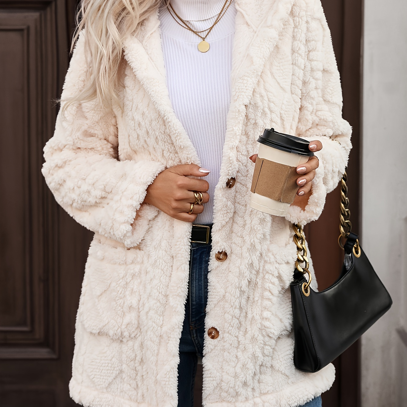 

Women's Elegant Cream Fur Coat With Button Closure, Hood, And Pockets - Long Sleeve, Soft Polyester, Machine Washable - Stylish Winter Outerwear