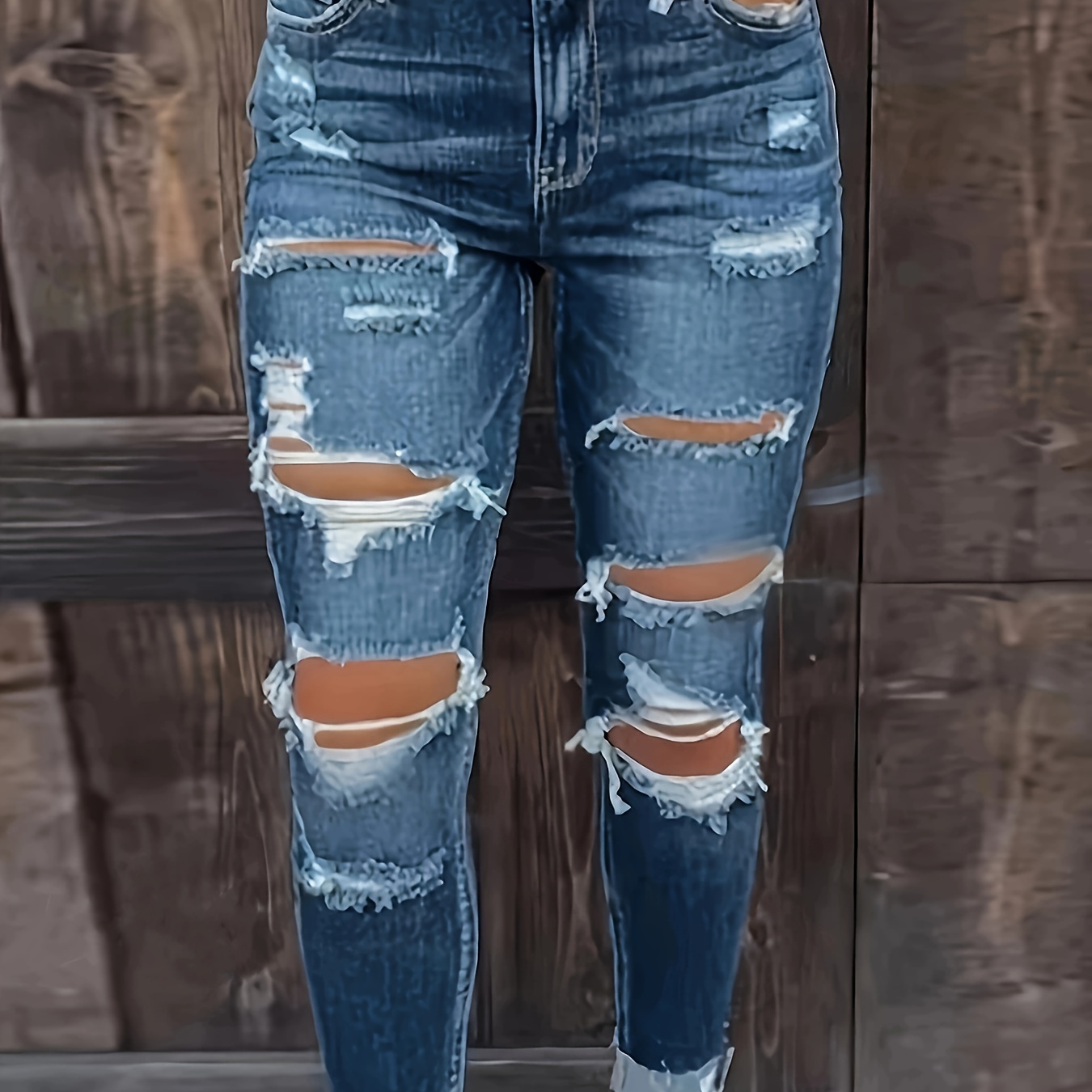 

Women's High-waist Stretch Ripped Skinny Jeans, Casual Fashion Denim Pants, Ladies Distressed Long Trousers With Frayed Holes