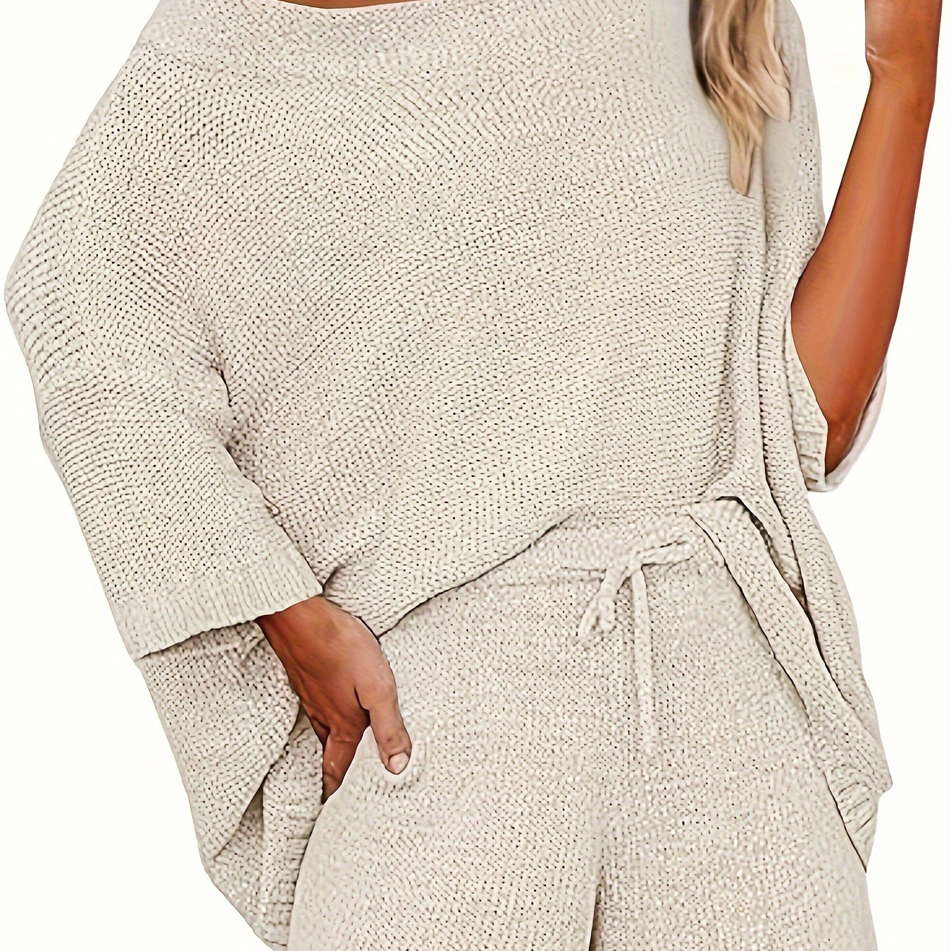 

Casual Solid Color Knitted 2 Pieces, Cold Shoulder Short Sleeve Oversized Sweater & Drawstring Shorts Outfits, Women's Clothing