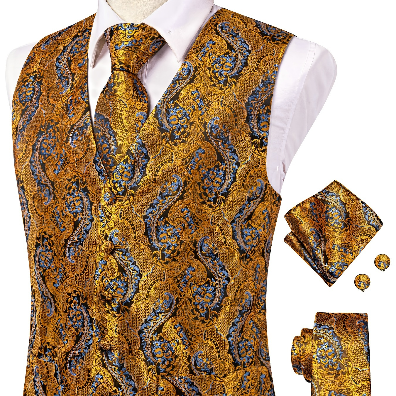 

Men's Formal Paisley Pattern Vest & Tie & Hanky & Cufflinks, Males 4 In 1 Dressing Accessories For Wedding And Business Occations