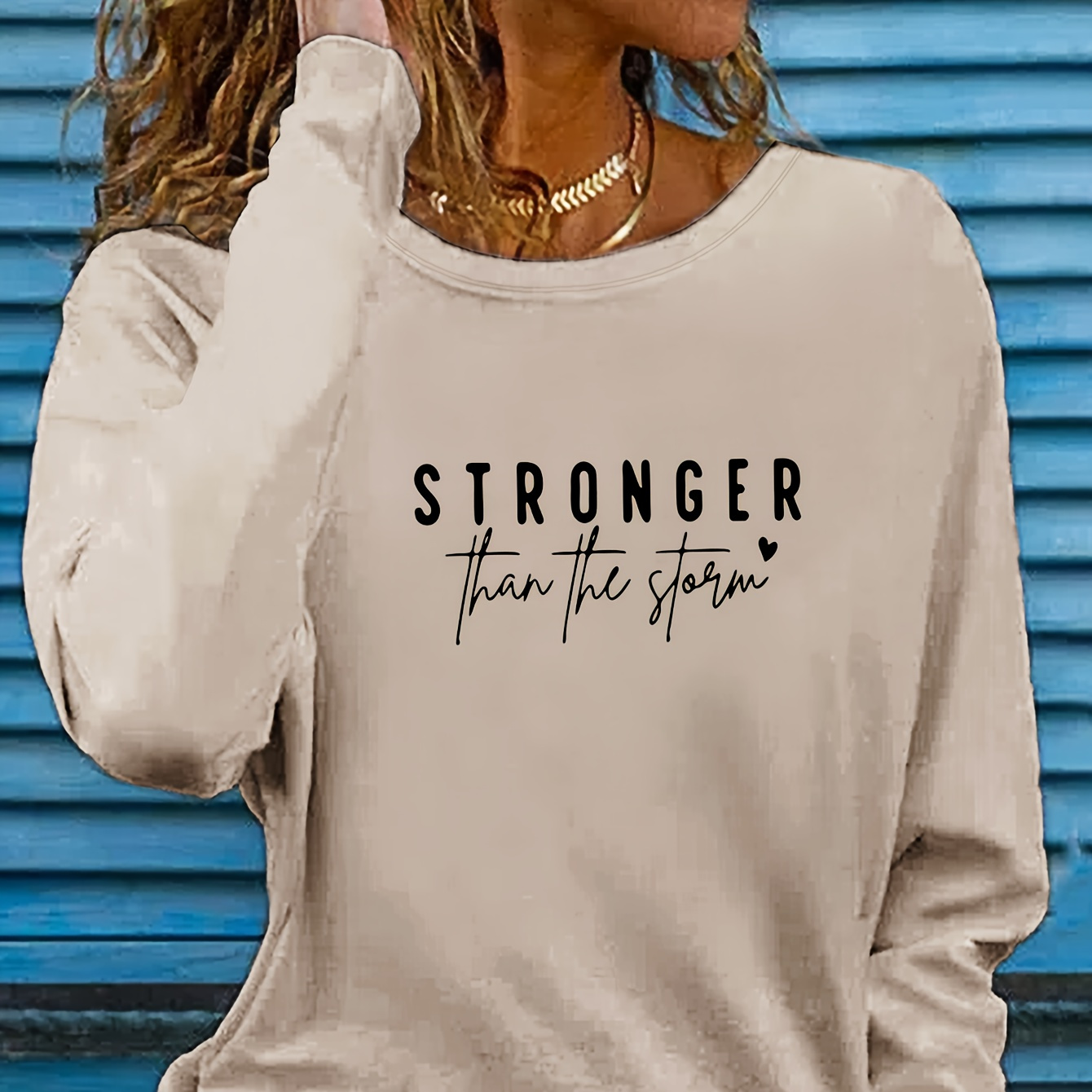 

Women's Inspirational Quote Long Sleeve T-shirt, 100% Polyester Knit Fabric, Crew Neck Top With "stronger Than " Applique, Regular Length For Fall Season