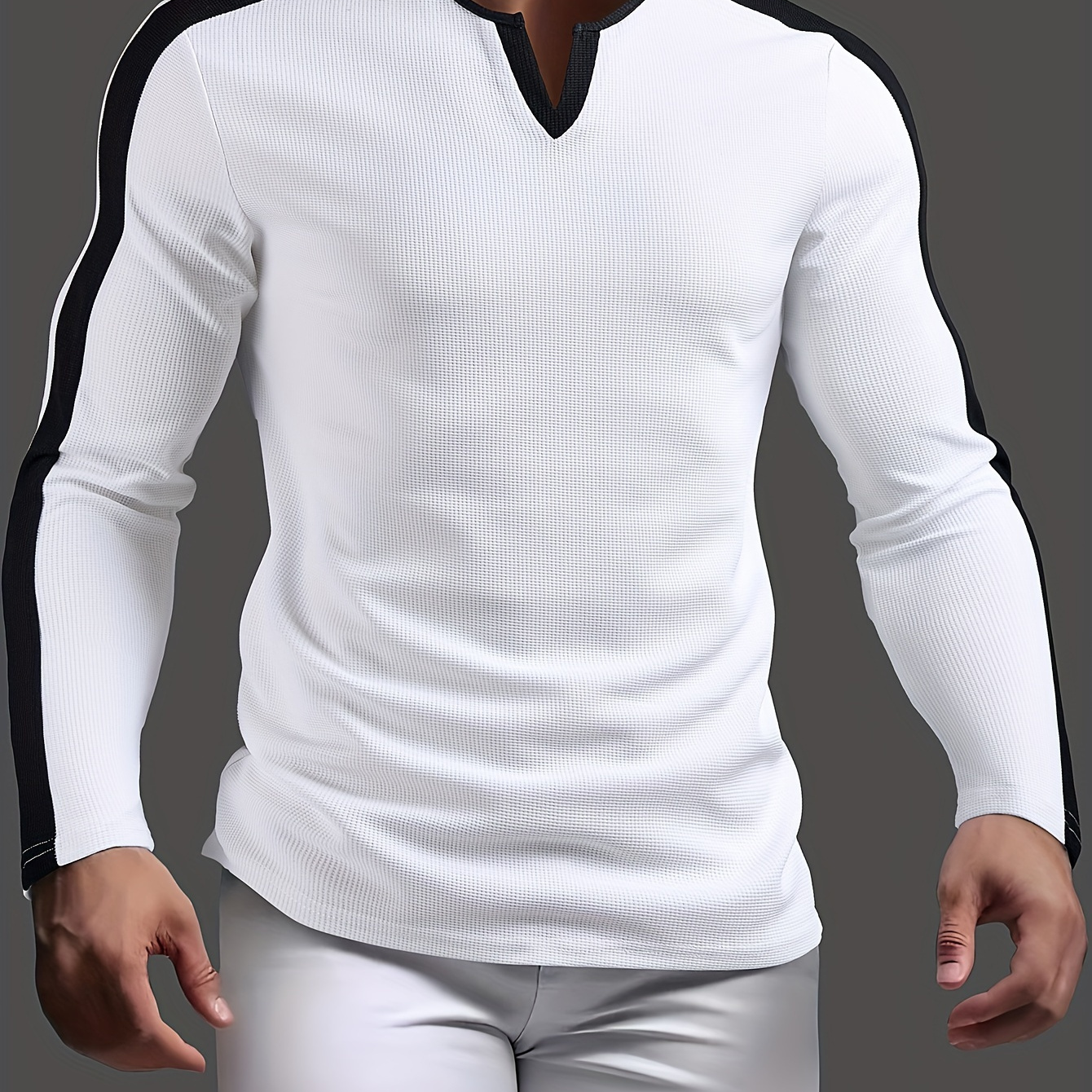 

Men's Casual Waffle-knit Henley Shirt With Design - Long Sleeve, V-neck, Machine Washable - Spring/fall